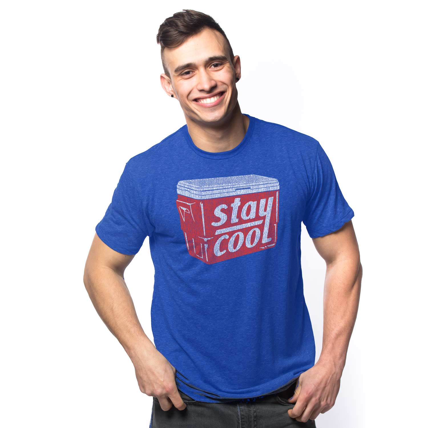 Men's Vintage Stay Cool Ice Box Graphic Tee | Retro Summer Drinking T-shirt on Model | Solid Threads