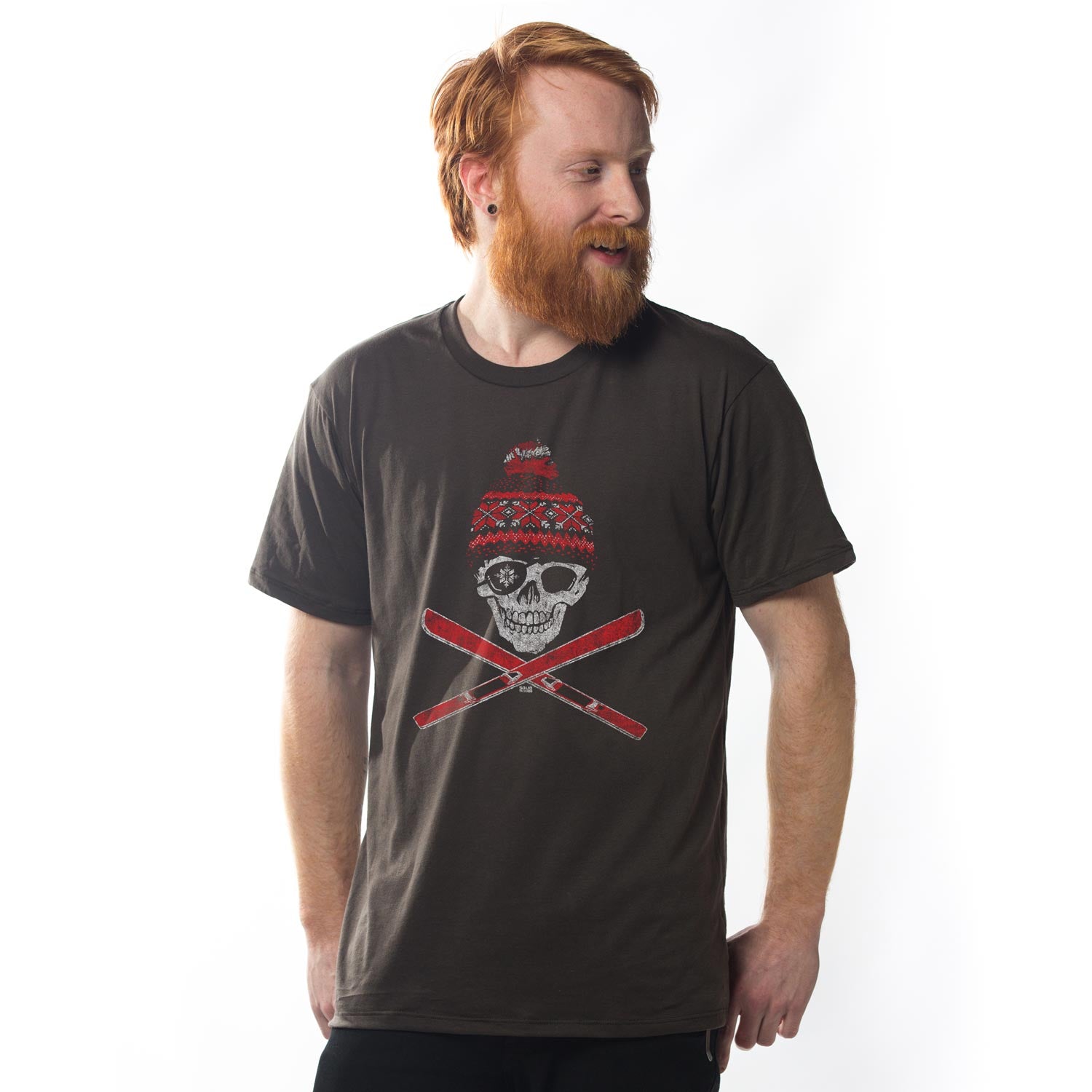 Men's Ski Skull Cool Blackwash Graphic T-Shirt | Vintage Winter Sports Tee On Model | Solid Threads