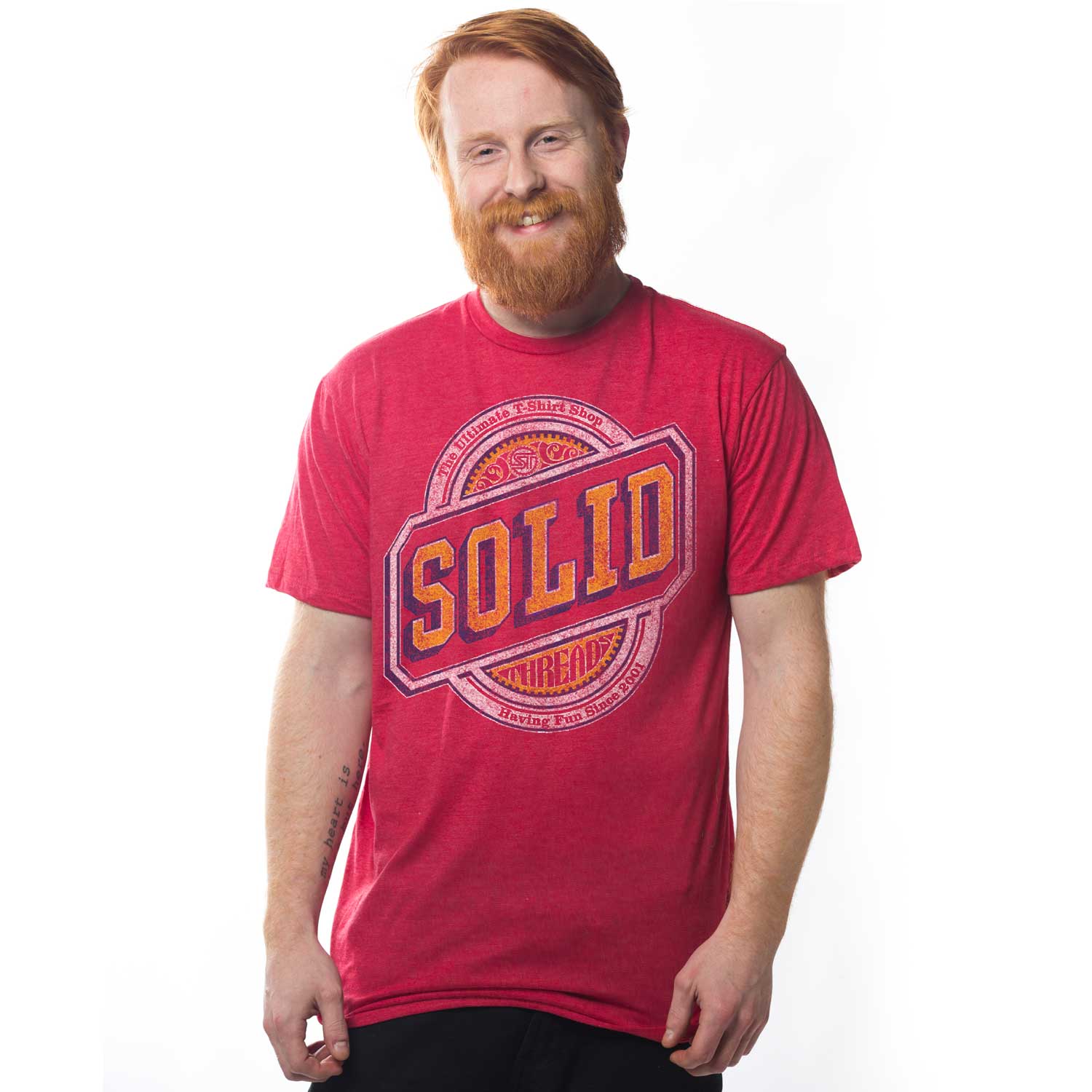 Men's Solid Threads Beer Label Logo Graphic T-Shirt | Vintgae Soft Tee on Model | Solid Threads