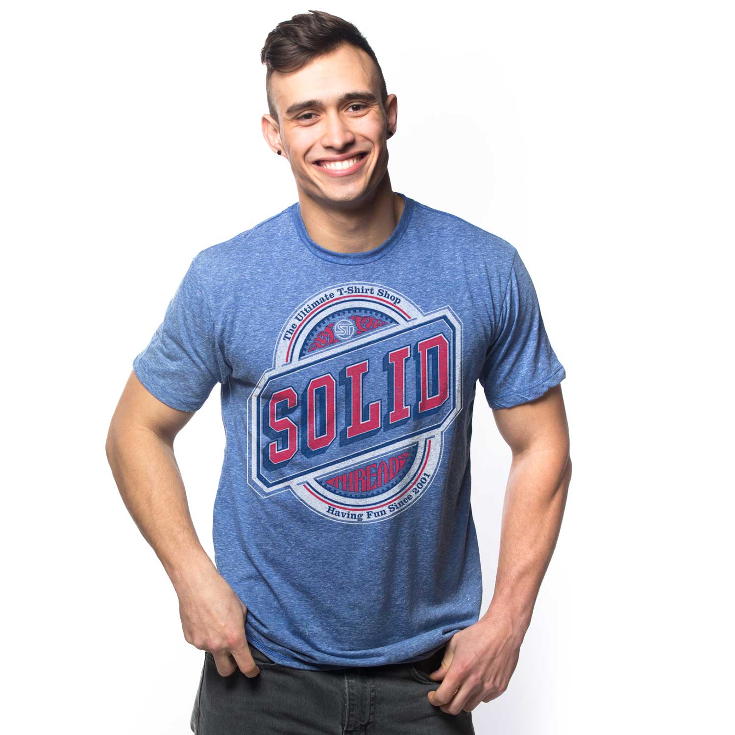 Men's Solid Threads Beer Label Logo Graphic T-Shirt | Retro Triblend Tee on Model | Solid Threads