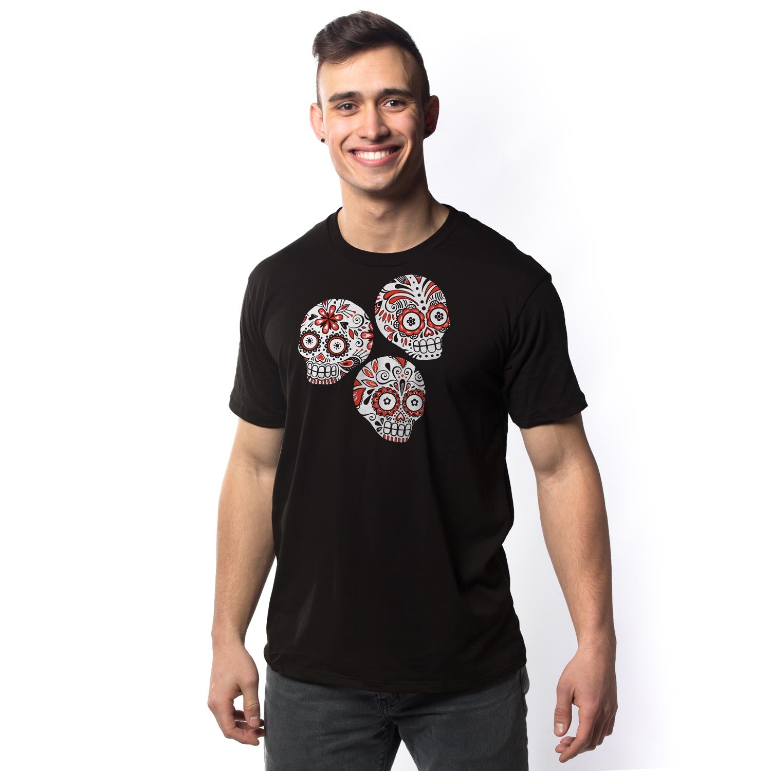 Men's Sugar Skulls Cool Graphic T-Shirt | Vintage Dia Los Muertos Tee on Model | Solid Threads