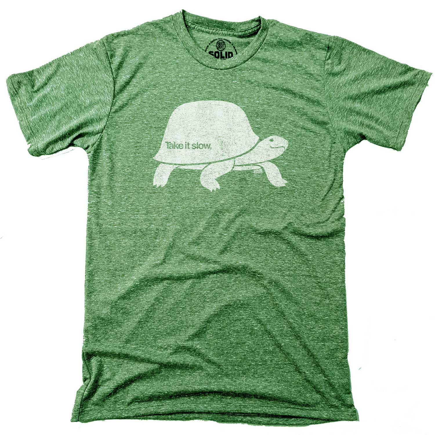 Men's Take It Slow Retro Turtle Graphic T-Shirt | Cool Mindfulness Triblend T-Shirt | Solid Threads