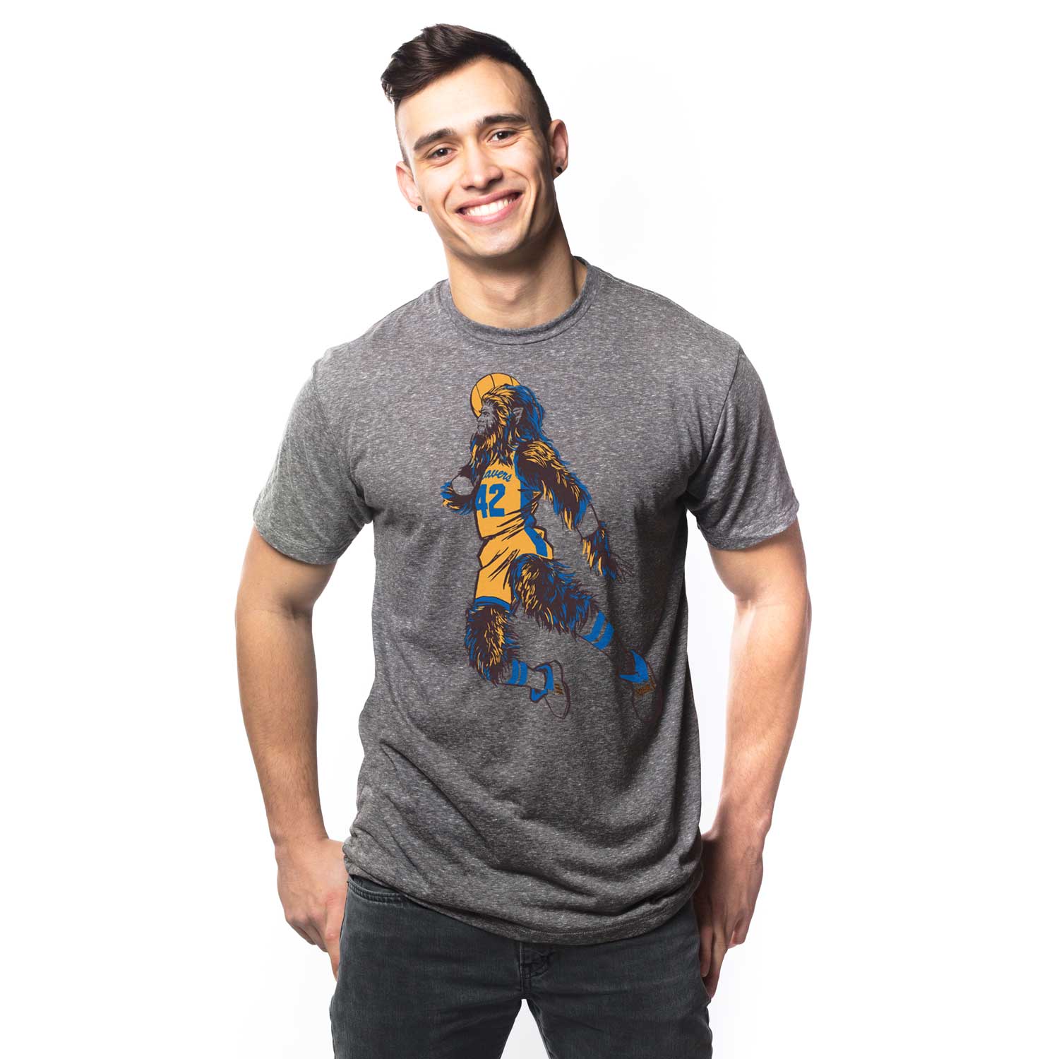 Men's Teen Wolf 80s Movie Graphic Tee | Retro Michael J. Fox Grey T-Shirt on Model | SOLID THREADS