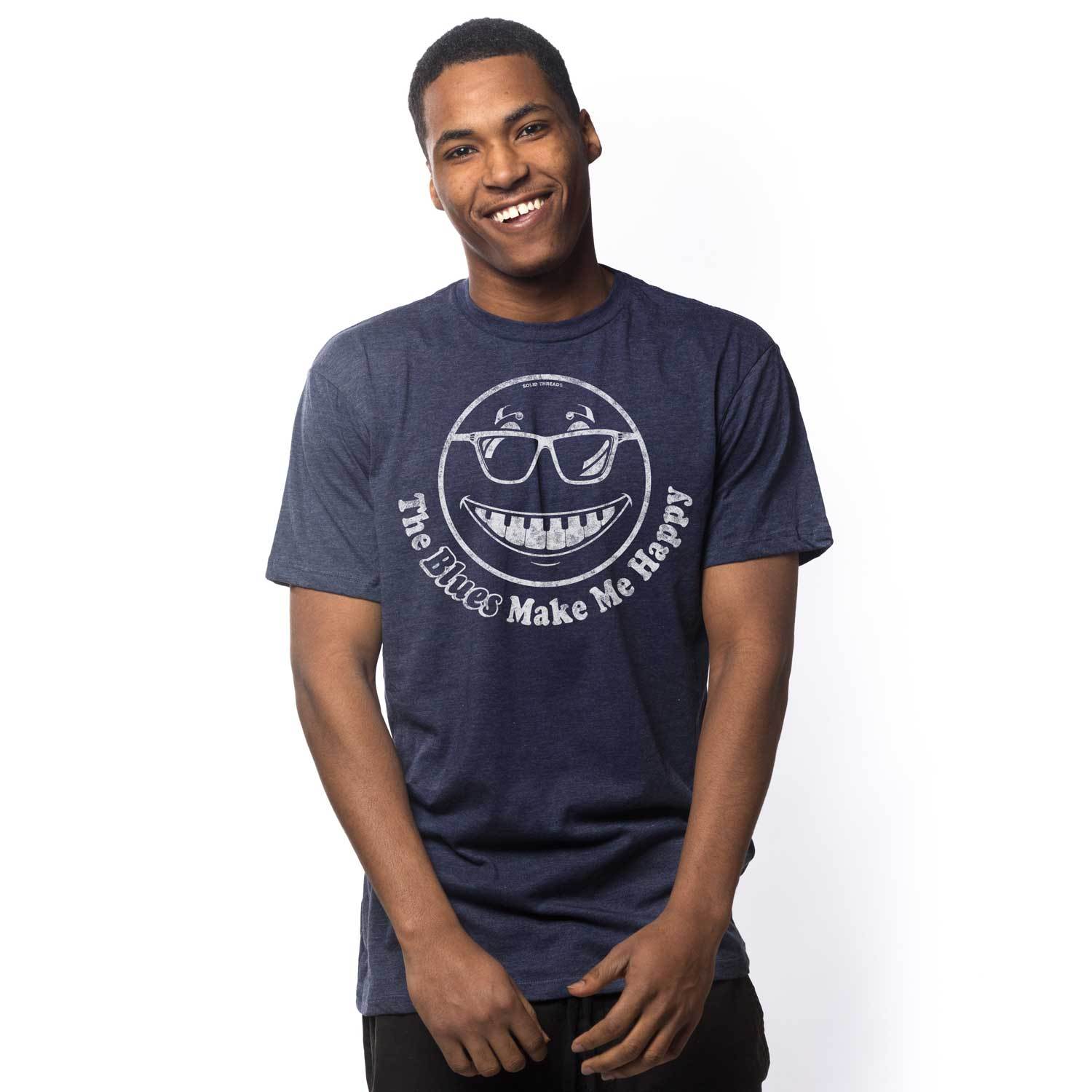 Men's The Blues Make Me Happy Cool Graphic T-Shirt | Vintage R&B Music Tee on Model | Solid Threads
