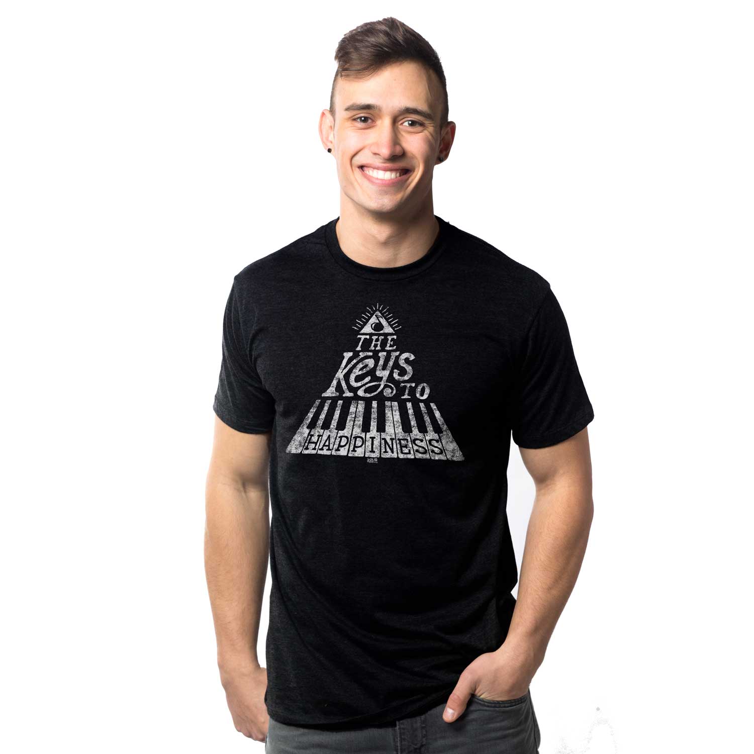 Men's The Keys To Happiness Cool Graphic T-Shirt | Vintage Musician Tee on Model | Solid Threads