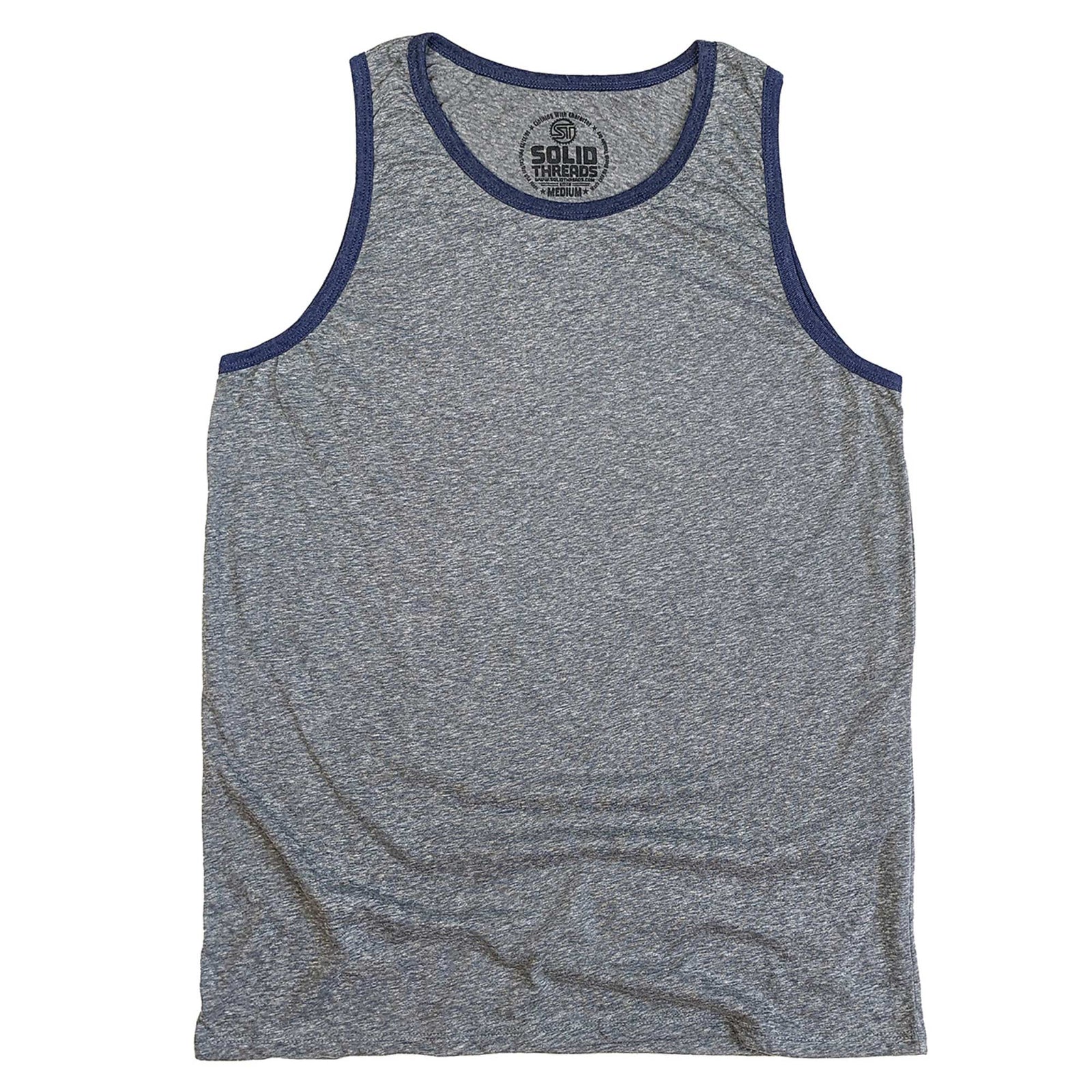 Men's Solid Threads Retro Ringer Tank Top Triblend Grey/Navy | Vintage Inspired USA Made Tank Top