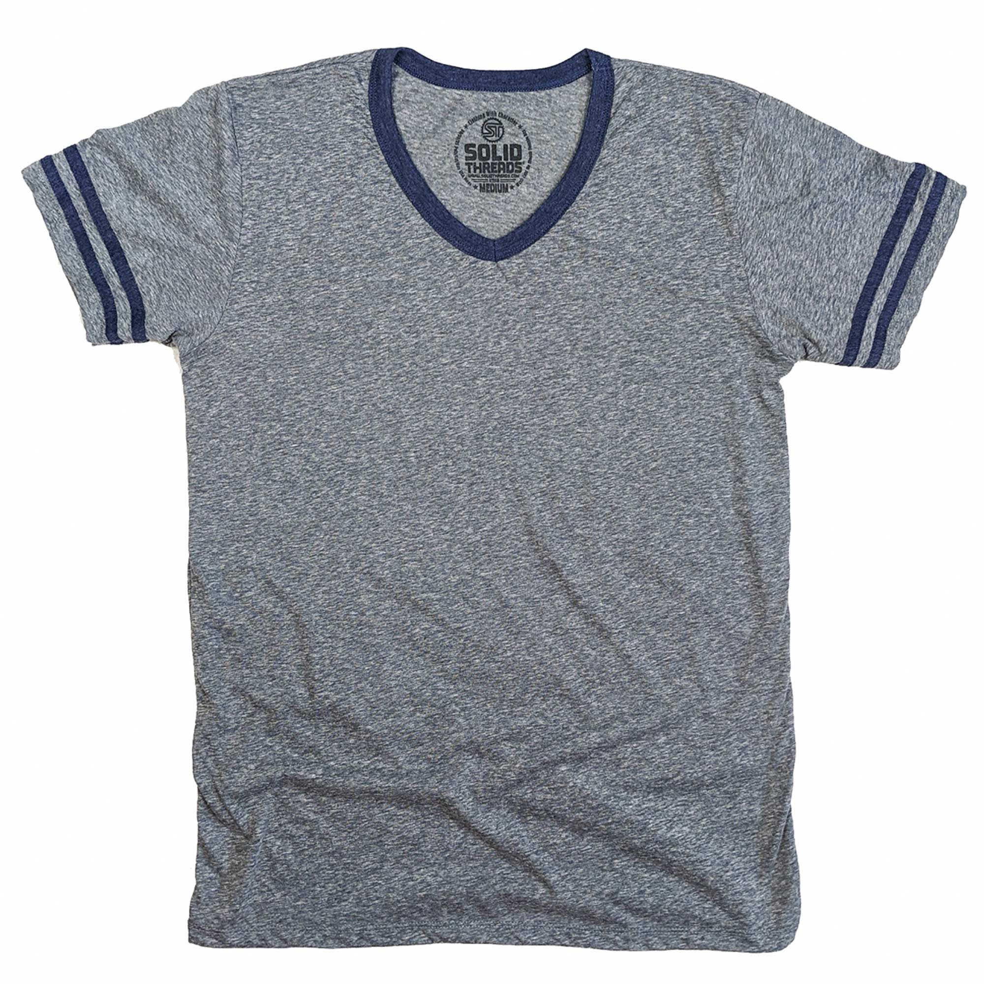 Men's Retro Ringer V-neck T-shirt Triblend Grey/Navy | Super Soft Vintage Inspired Tee | USA Made