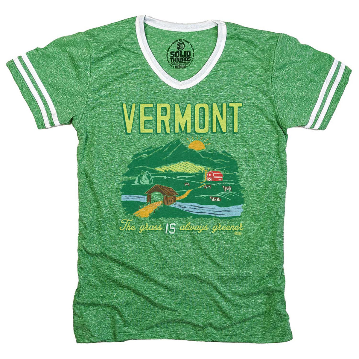 Men&#39;s Vermont The Grass IS Always Greener Vintage Graphic V-Neck Tee | Farmland T-shirt | Solid Threads
