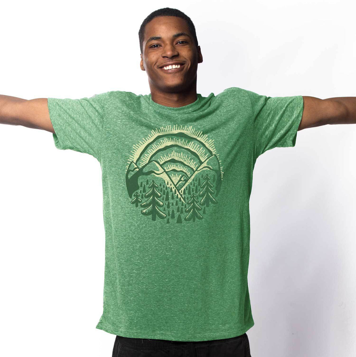 Men's Sunset Vintage Nature Graphic Tee | Retro Artistic Mountains T-Shirt on Model | Solid Threads