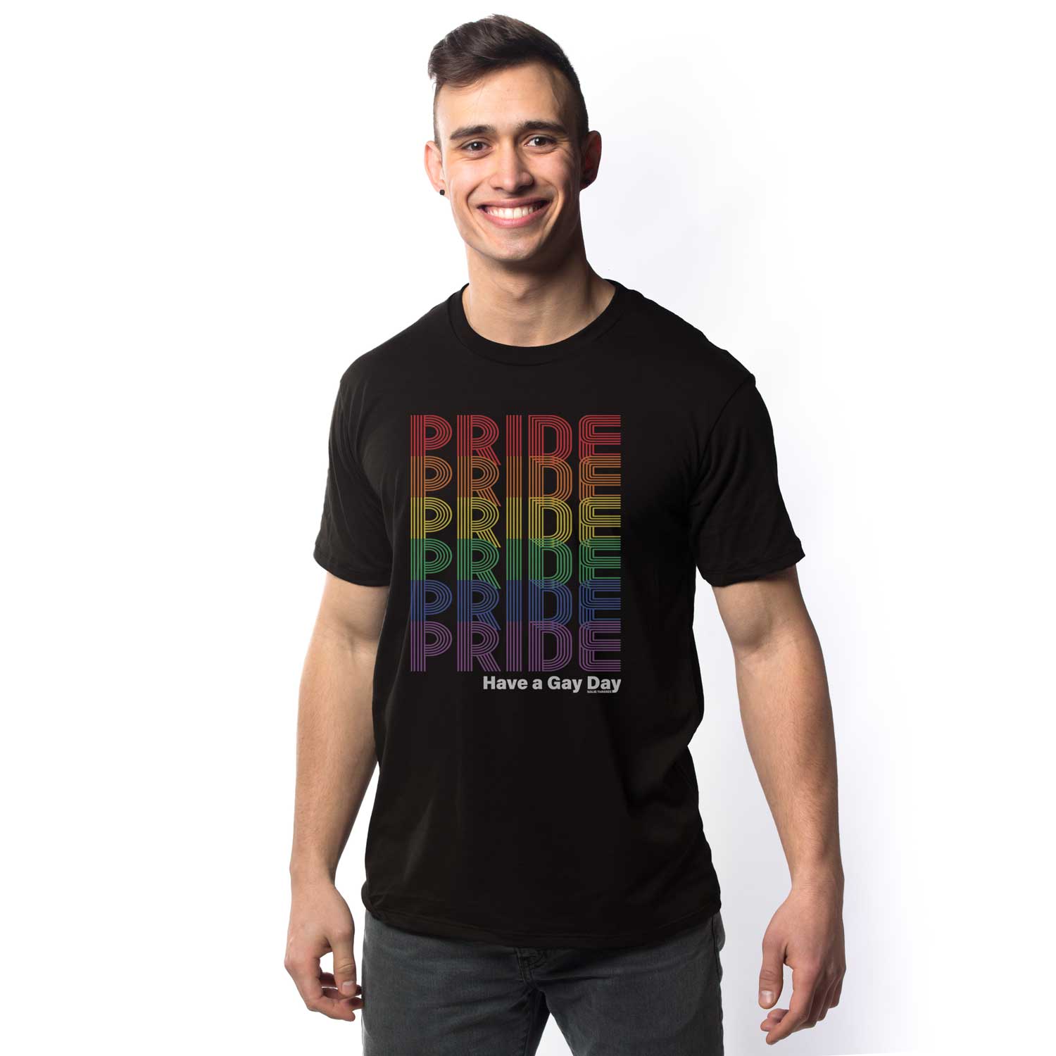 Men's Vintage Pride Rainbow Fade Graphic Tee | Retro Gay Rights T-shirt On Model