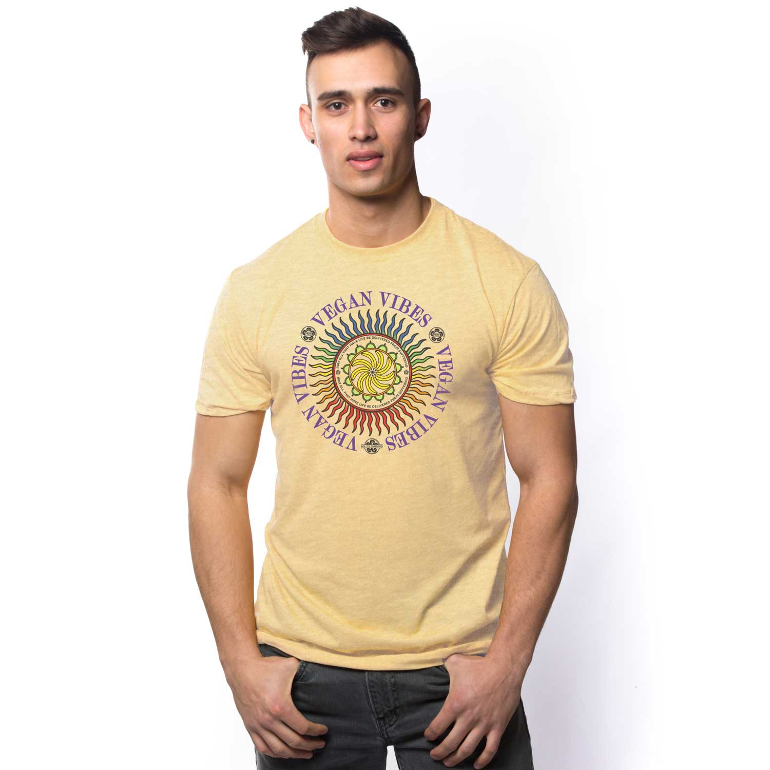 Men's Vegan Vibes Cool Vegetarian Graphic T-Shirt | Vintage Hippie Tee on Model | Solid Threads
