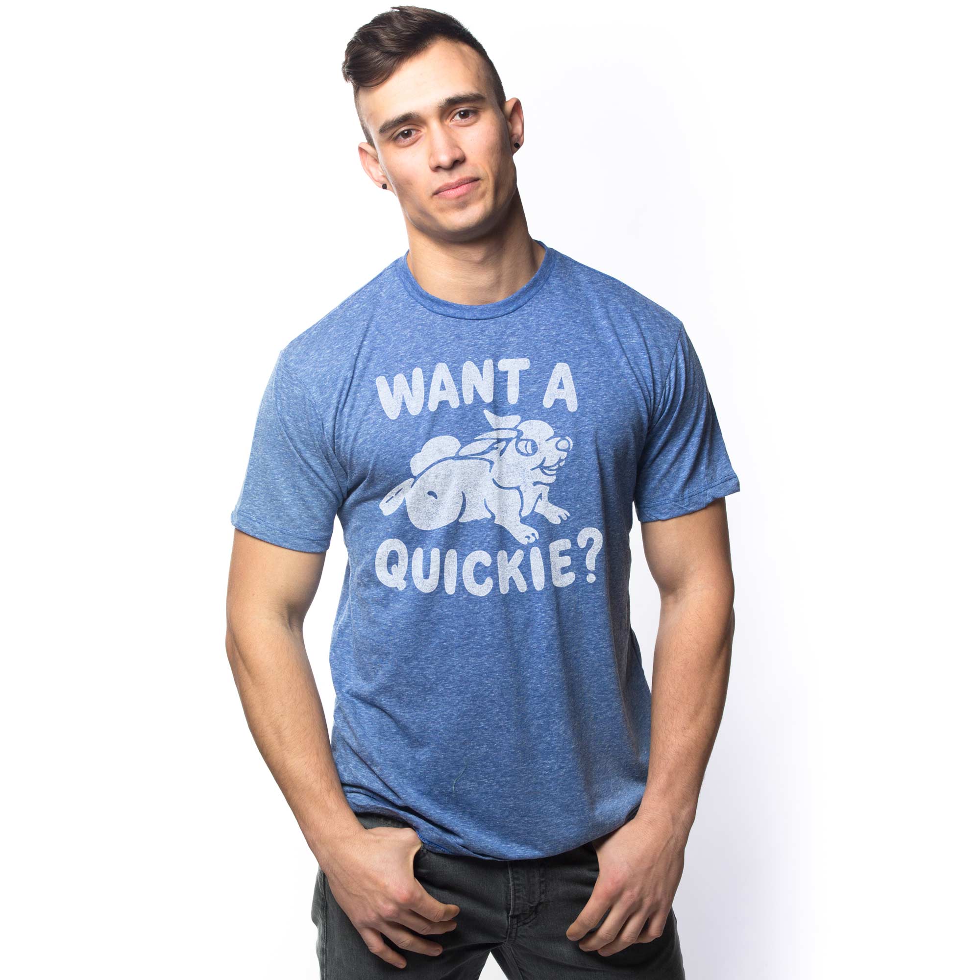 Men's Want a Quickie Vintage Graphic Tee | Funny Bunny Sex Triblend T-shirt on Model | Solid Threads