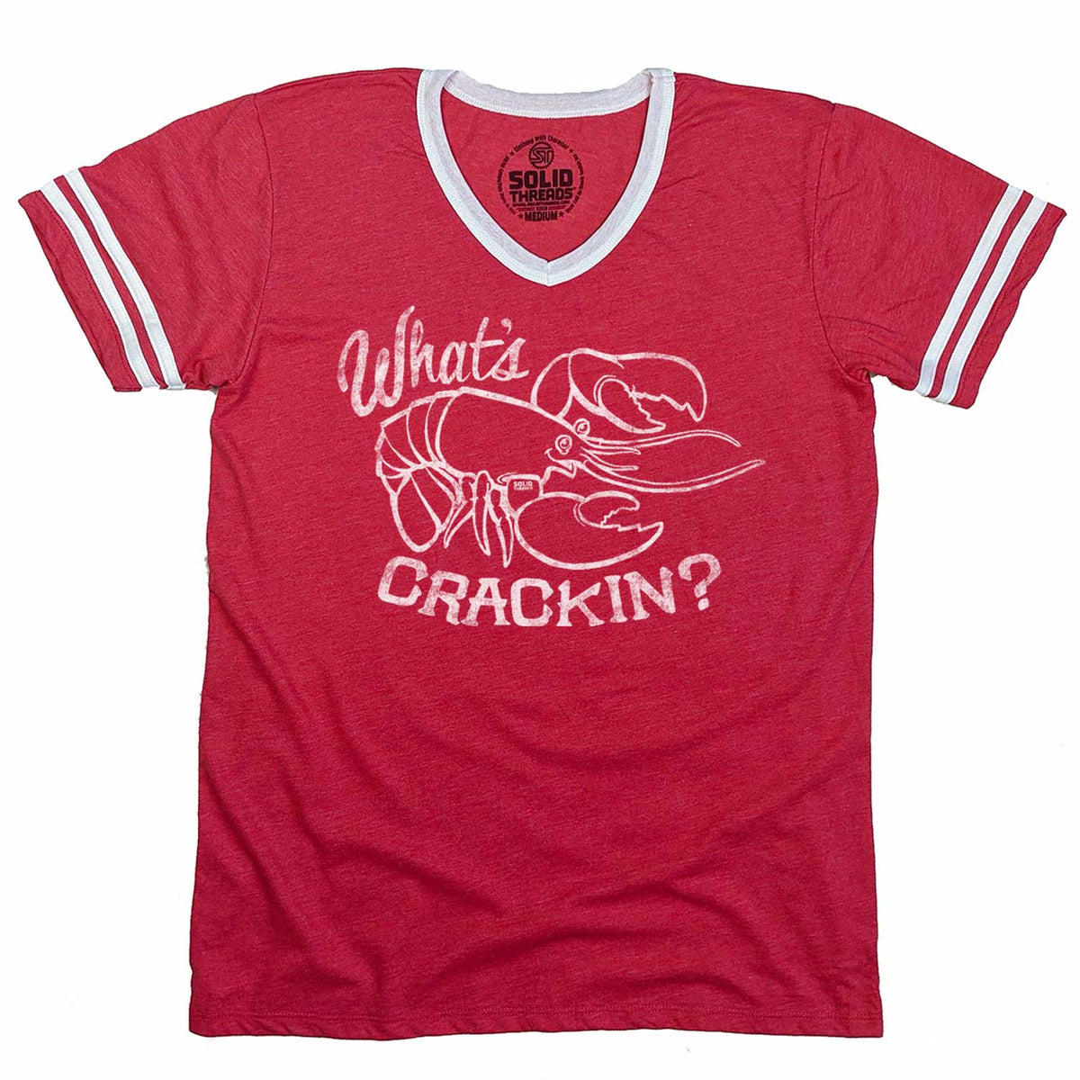 Men&#39;s What&#39;s Crackin Vintage Graphic V-Neck Tee | Funny Lobster Shirt for Foodie | Solid Threads