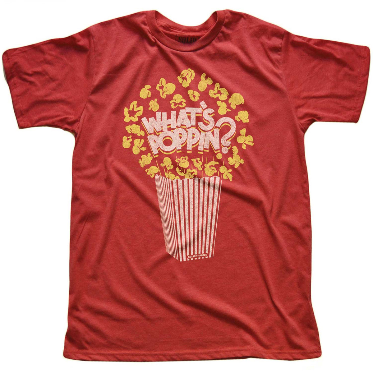 Men&#39;s What&#39;s Poppin Vintage Snacks T-shirt | Funny Retro Popcorn Graphic Tee | Solid Threads