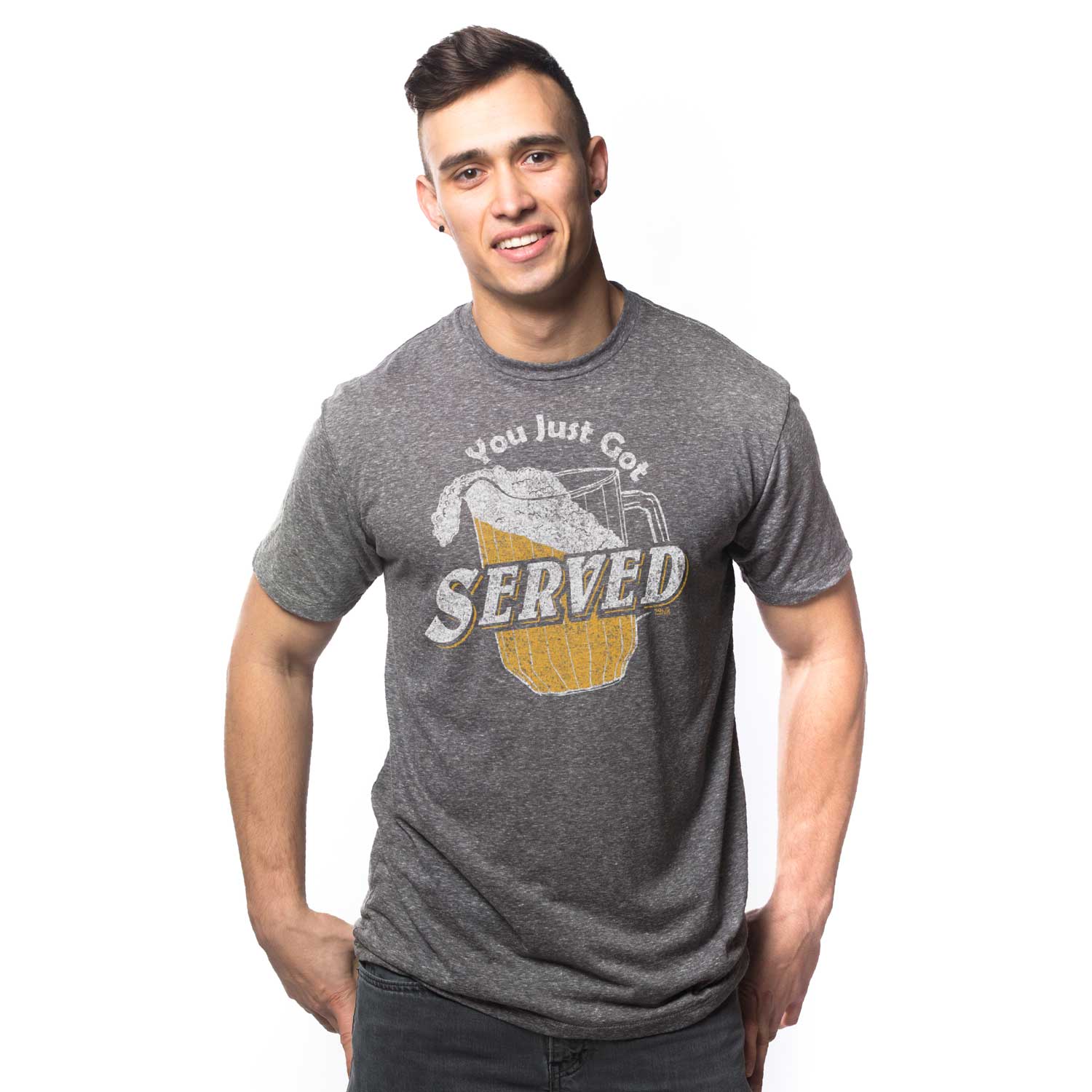 Men's You Just Got Served Vintage T-shirt | Funny Beer Pitcher Graphic Tee On Model| Solid Threads