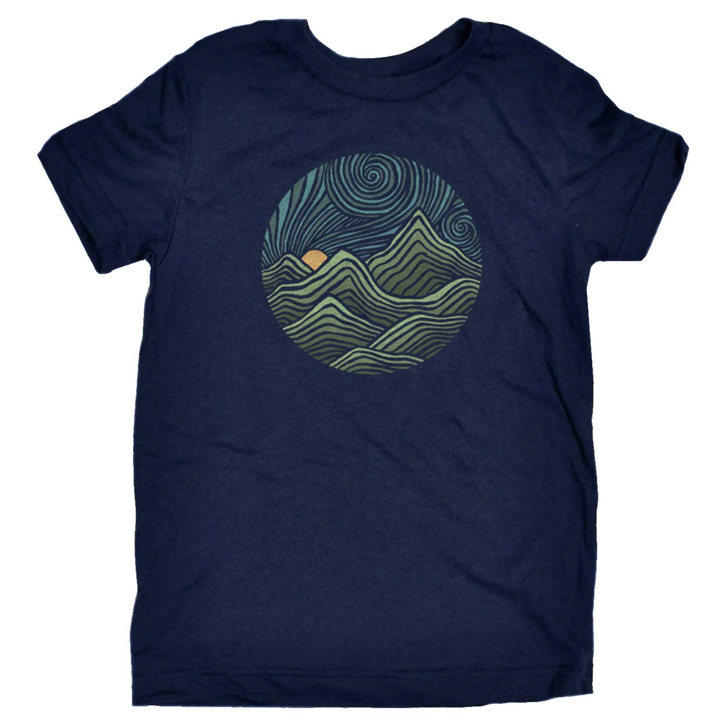 Kids Swirly Mountains Cool Nature Graphic T-Shirt | Retro Artsy Hippie Tee | Solid Threads