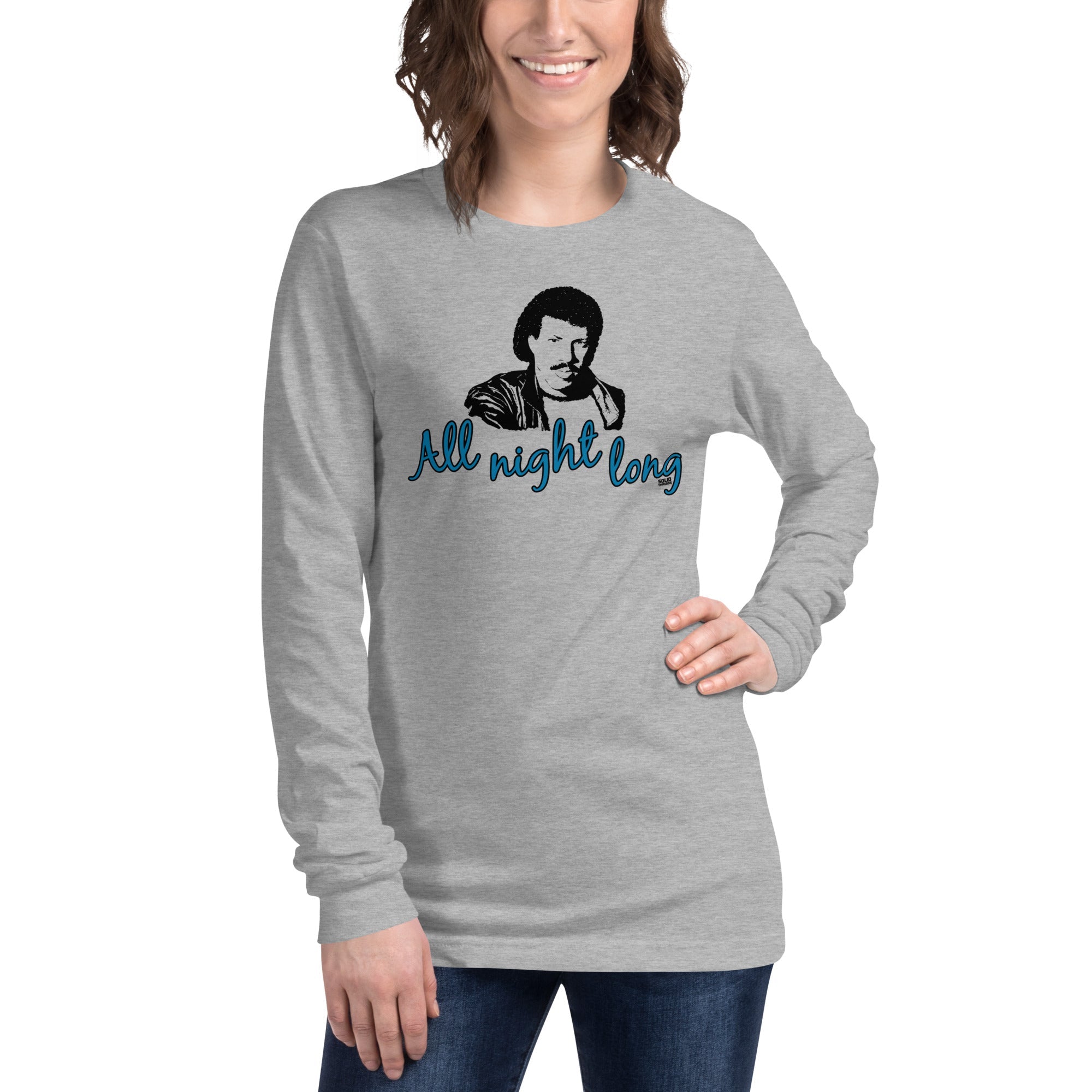 All Night Long Vintage Graphic Long Sleeve Tee | Funny Lionel Richie T-Shirt Female Model Closeup - Solid Threads