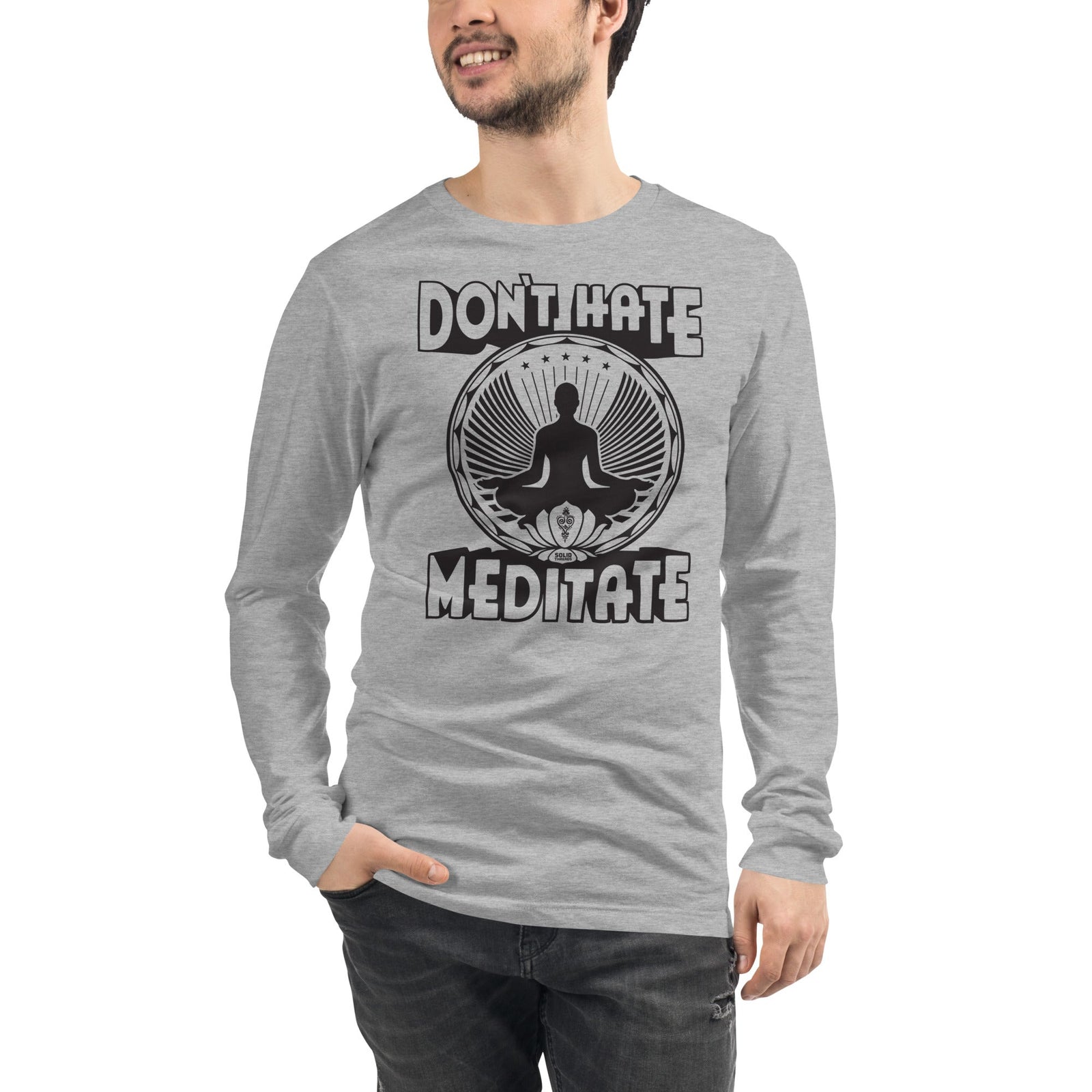 Don't Hate Meditate Vintage Graphic Long Sleeve Tee | Funny Mindfulness T-Shirt Athletic Heather Model Closeup - Solid Threads