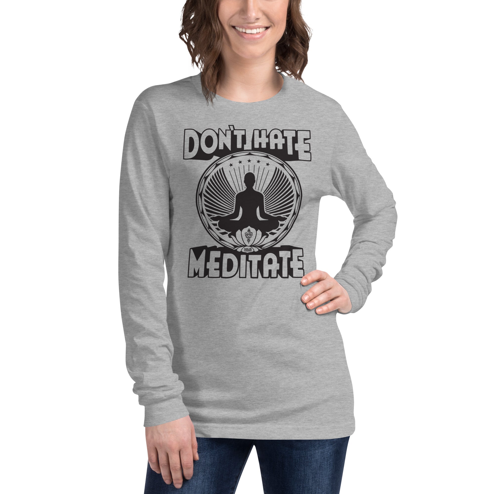Don't Hate Meditate Vintage Graphic Long Sleeve Tee | Funny Mindfulness T-Shirt Athletic Heather Female Model Closeup - Solid Threads