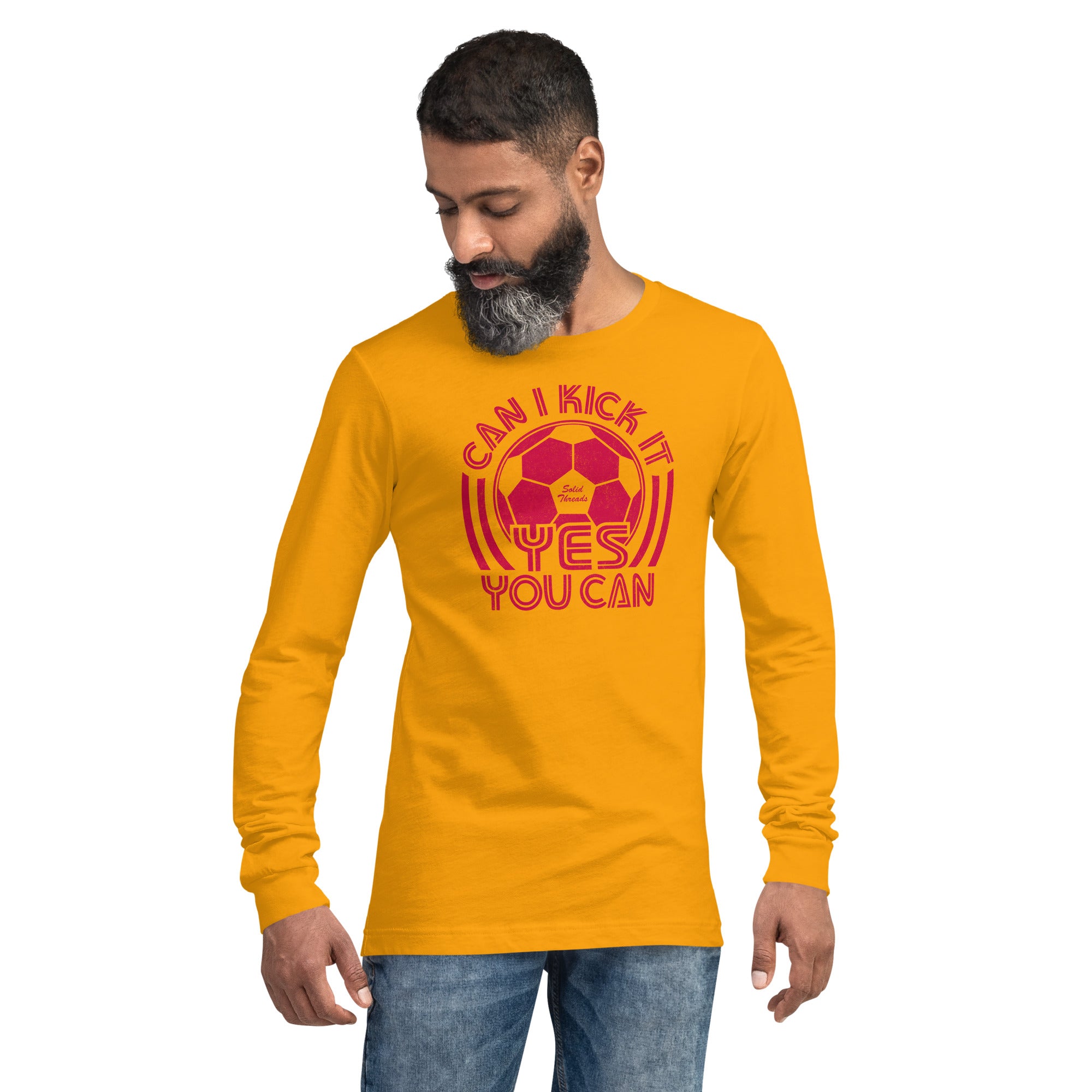 Can I Kick It Vintage Graphic Long Sleeve Tee | Retro Soccer T-Shirt Gold - Solid Threads