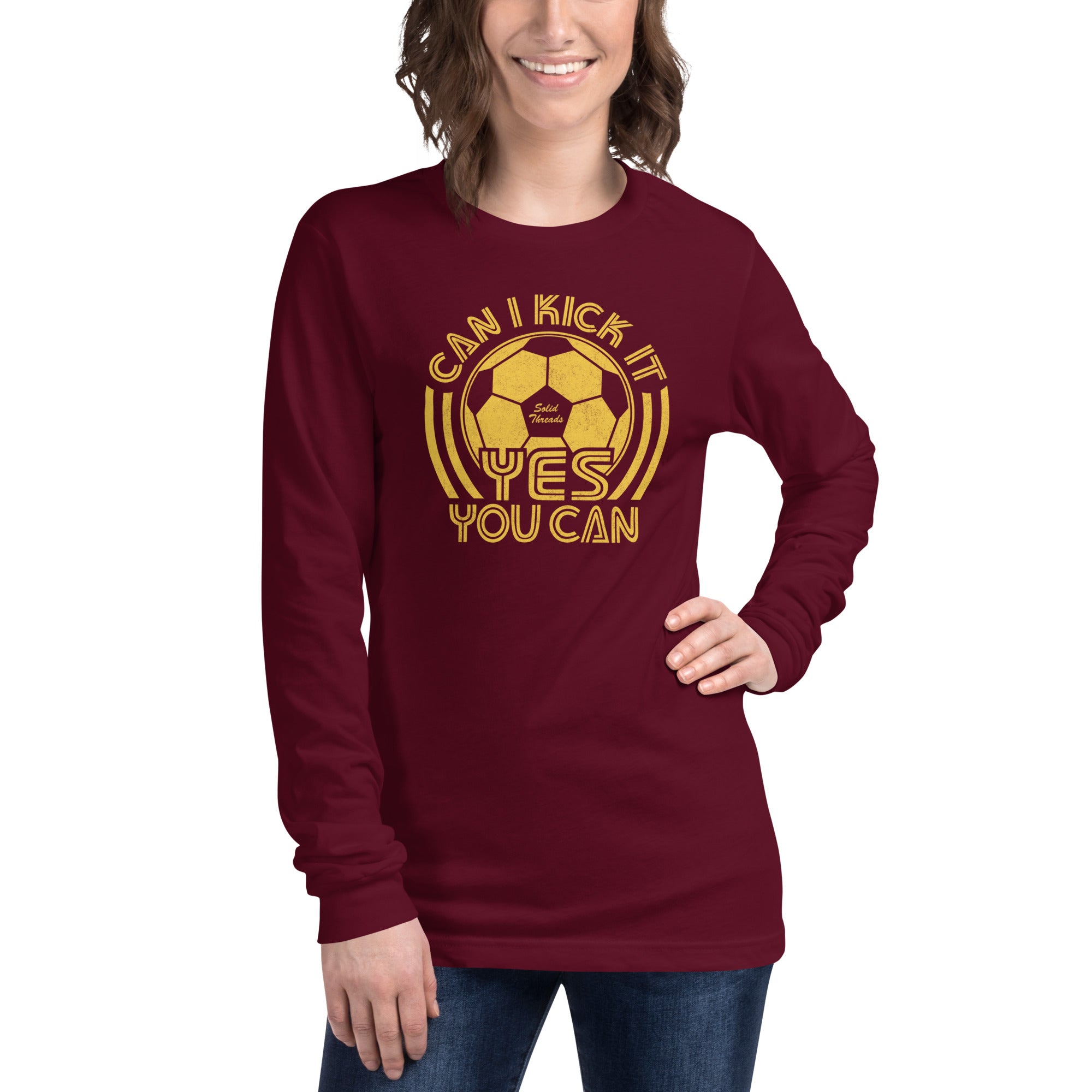 Can I Kick It Vintage Graphic Long Sleeve Tee | Retro Soccer T-Shirt Maroon Female Model Closeup - Solid Threads
