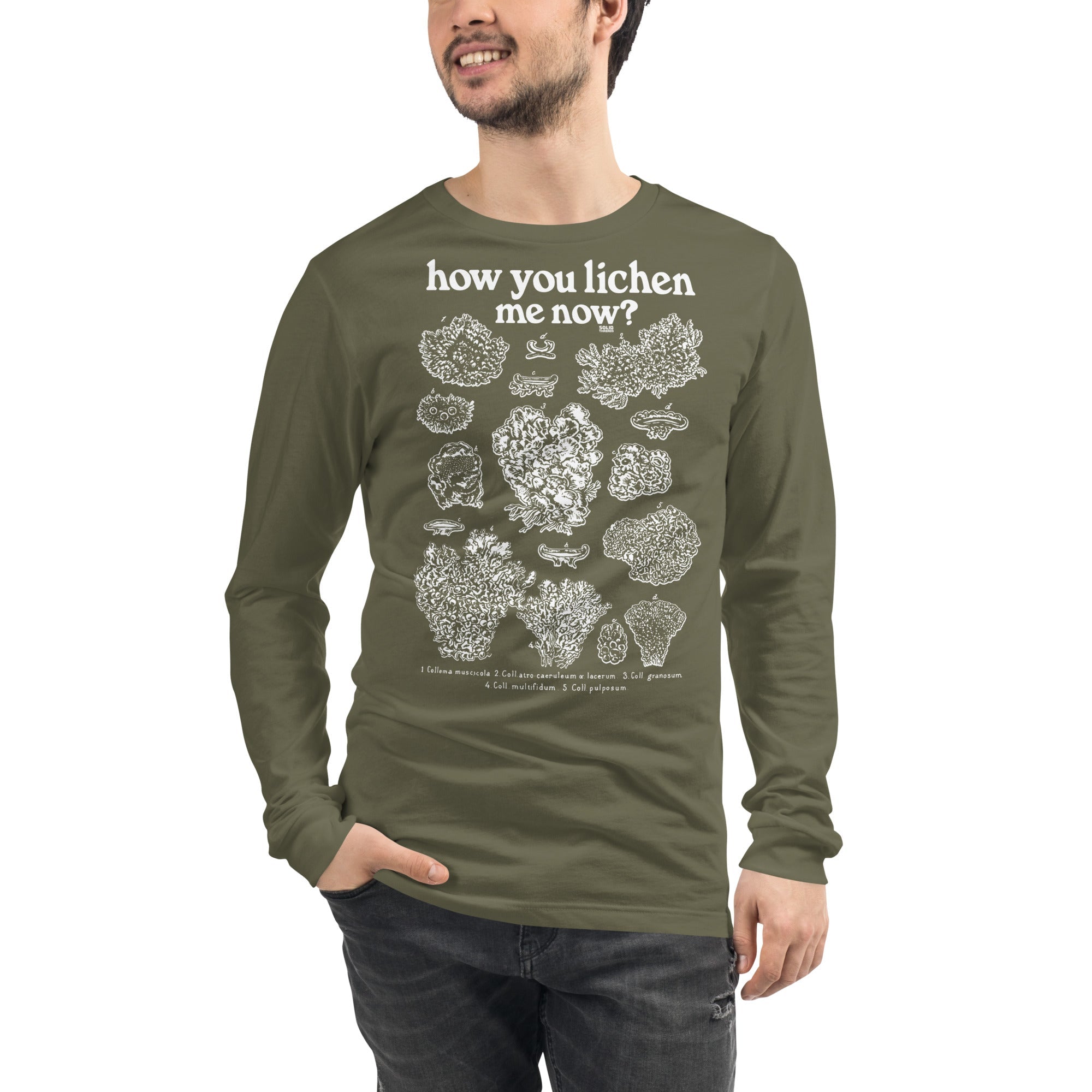 How You Lichen Me Now Vintage Graphic Long Sleeve Tee | Funny Fungi T-Shirt Military Green Model Closeup - Solid Threads