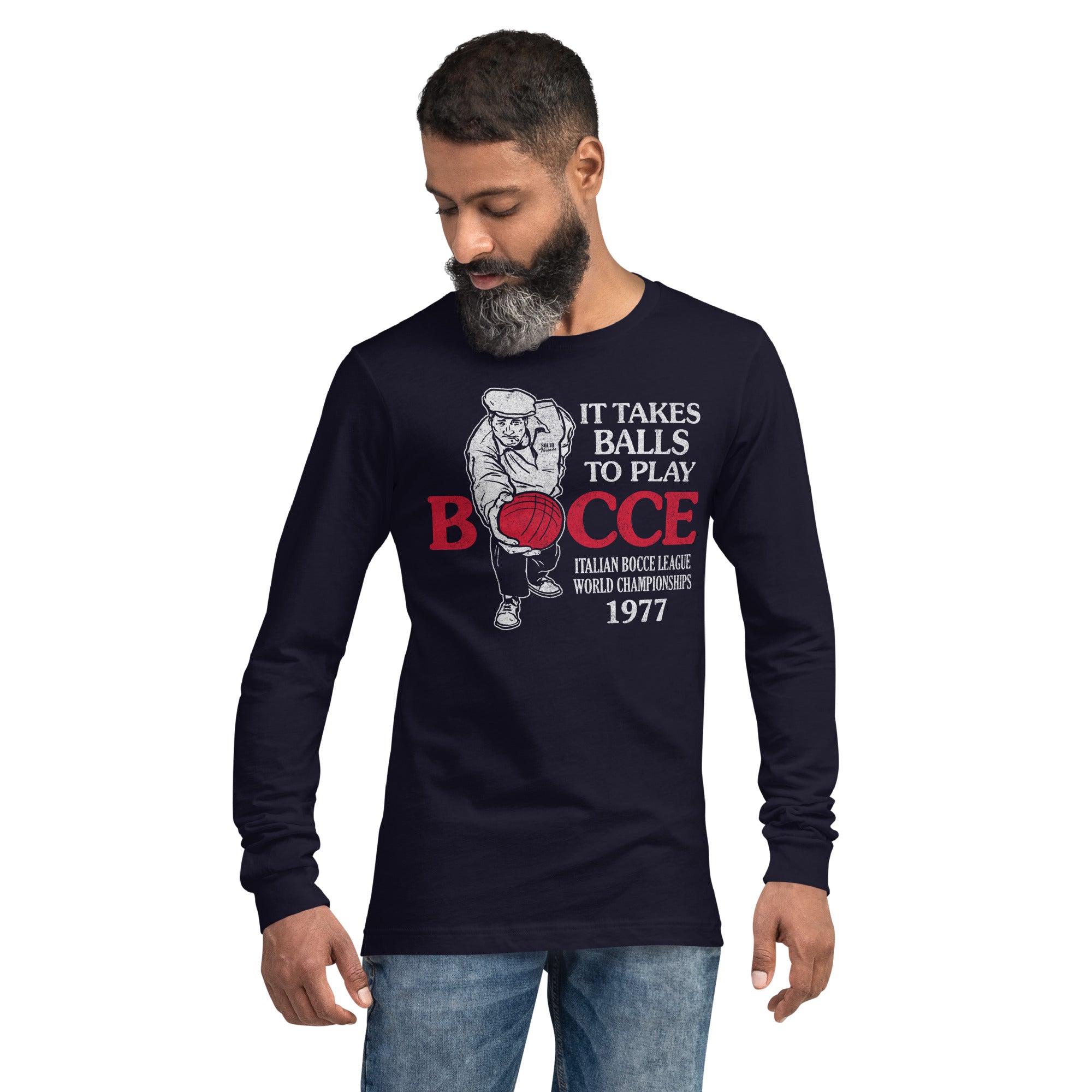 Bocce Balls Vintage Long Sleeve Tee | Funny Sports T-Shirt On Model - Solid Threads