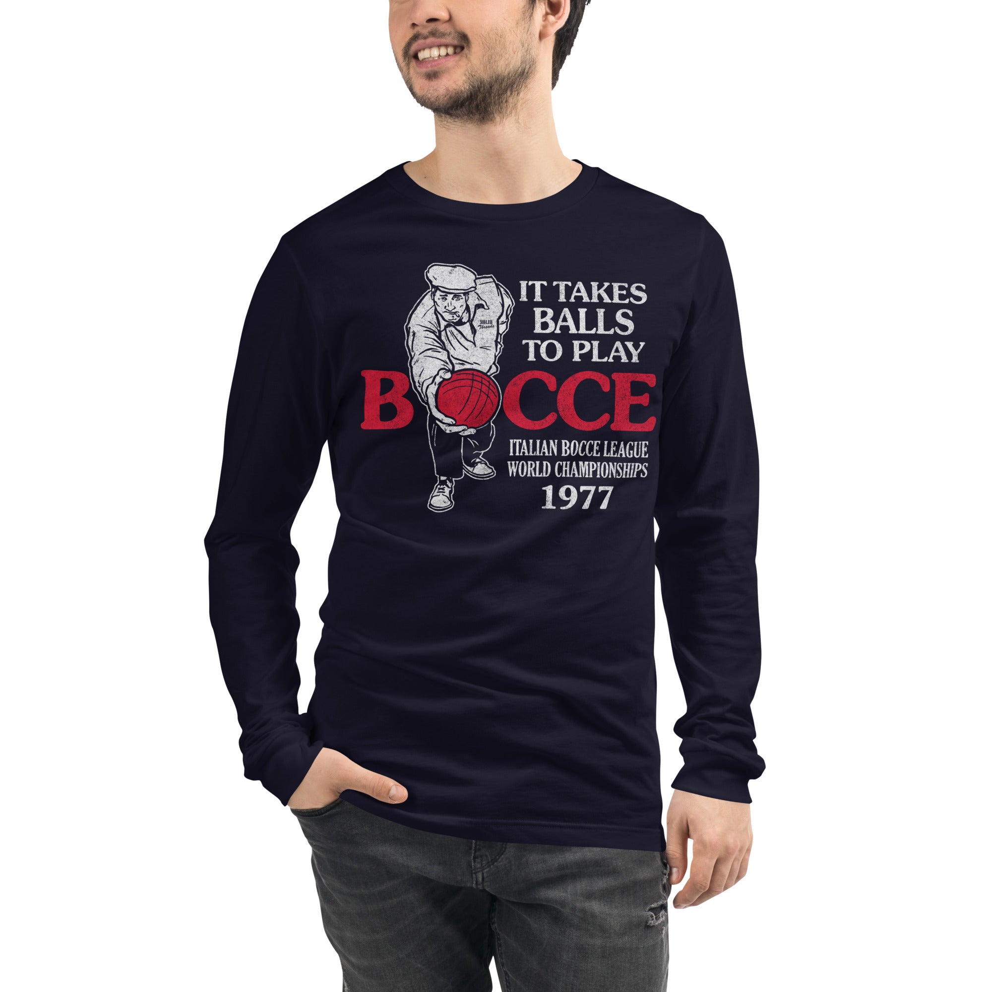 Bocce Balls Vintage Long Sleeve Tee | Funny Sports T-Shirt Model Closeup - Solid Threads
