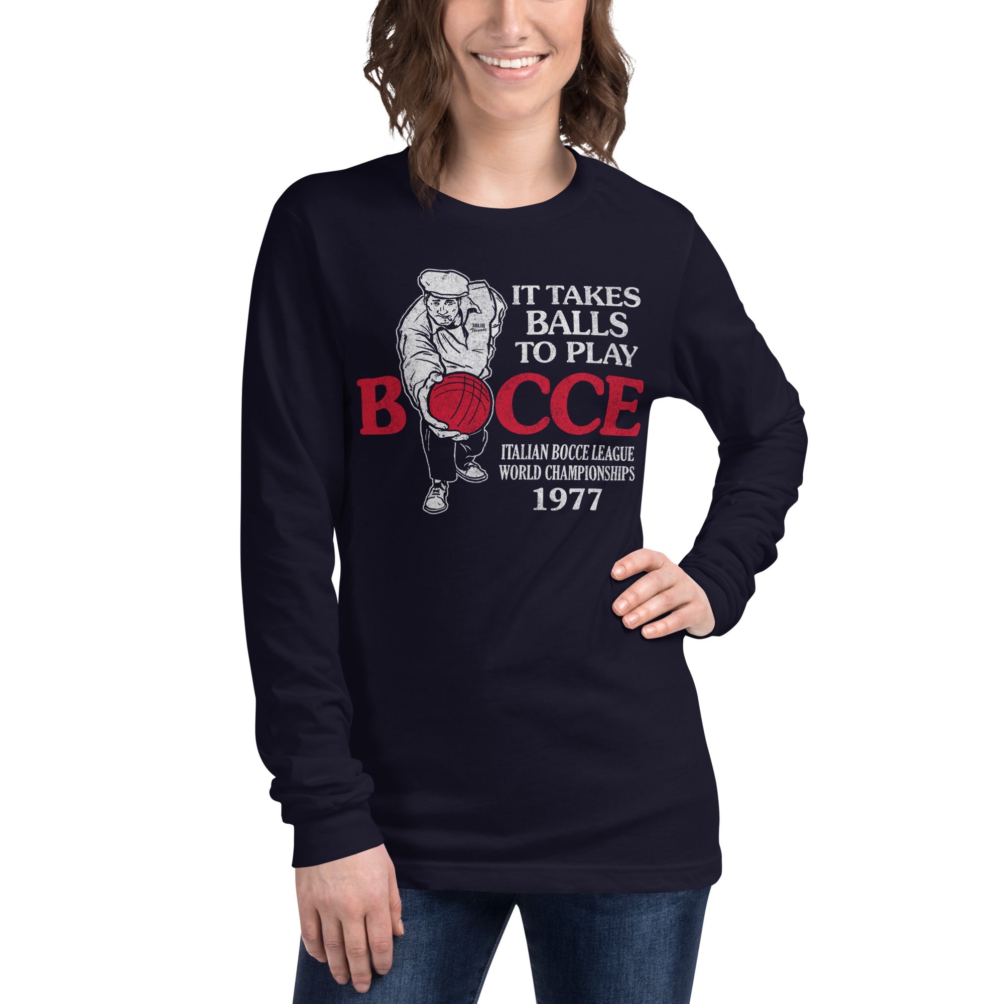 Bocce Balls Vintage Long Sleeve Tee | Funny Sports T-Shirt Female Model Closeup - Solid Threads