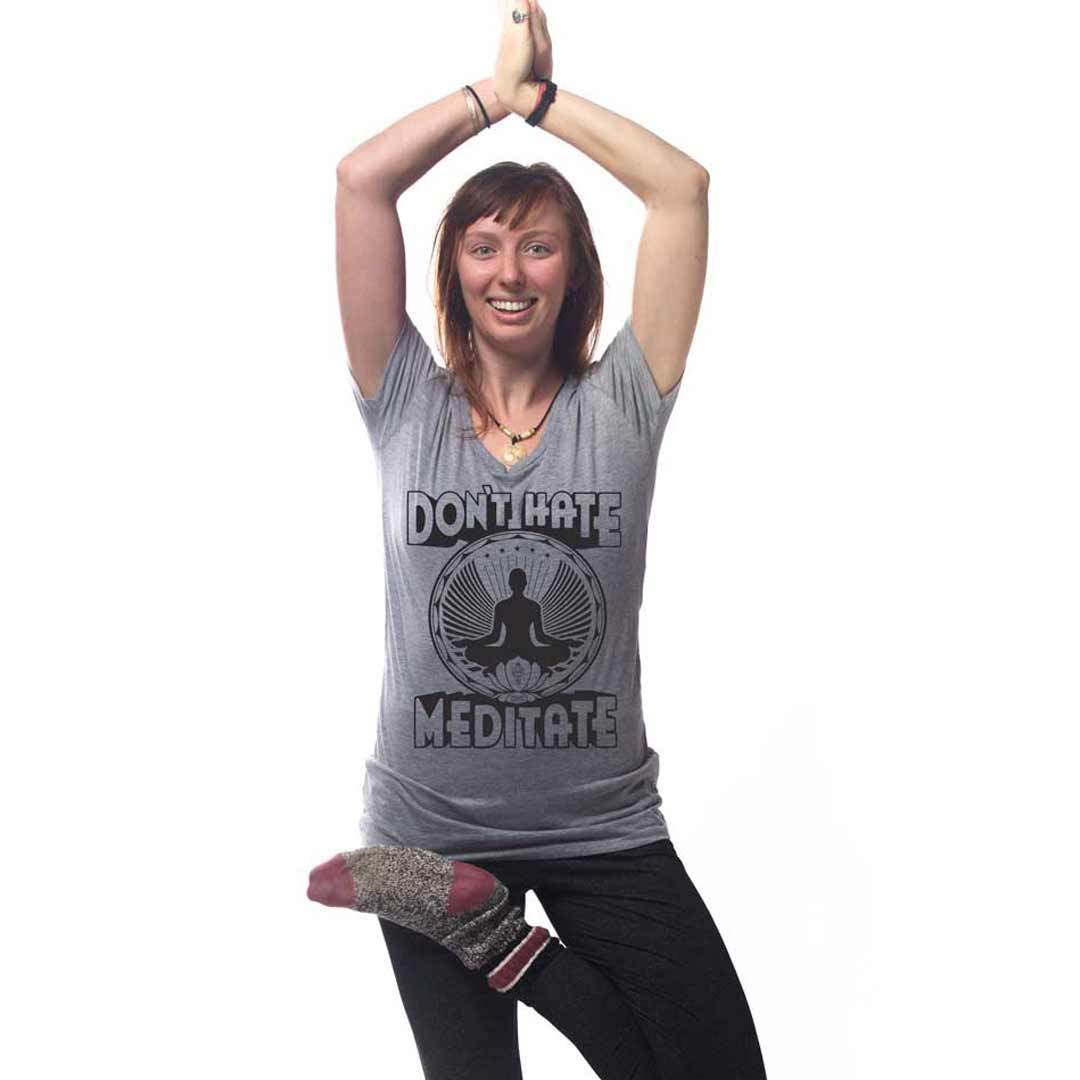 Women's Don't Hate Meditate Funny Yoga Graphic Tee | Retro Zen T-shirt on Model | SOLID THREADS