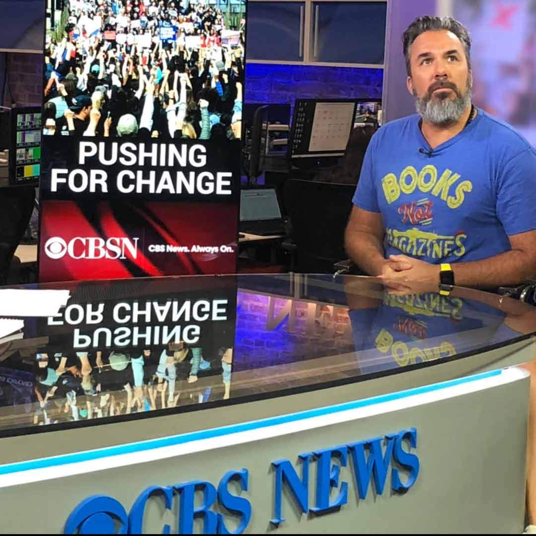 Manuel Oliver on CBS This Morning, wearing a Solid Threads t-shirt in support of Gun Reform Laws.