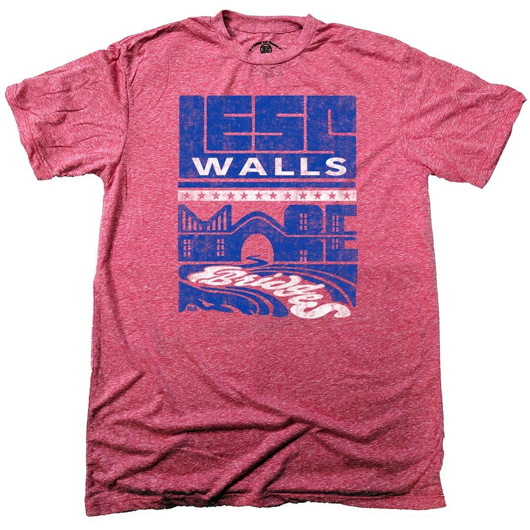 Men&#39;s Less Walls More Bridges Cool Graphic T-Shirt | Retro Immigration Reform Tee | Solid Threads