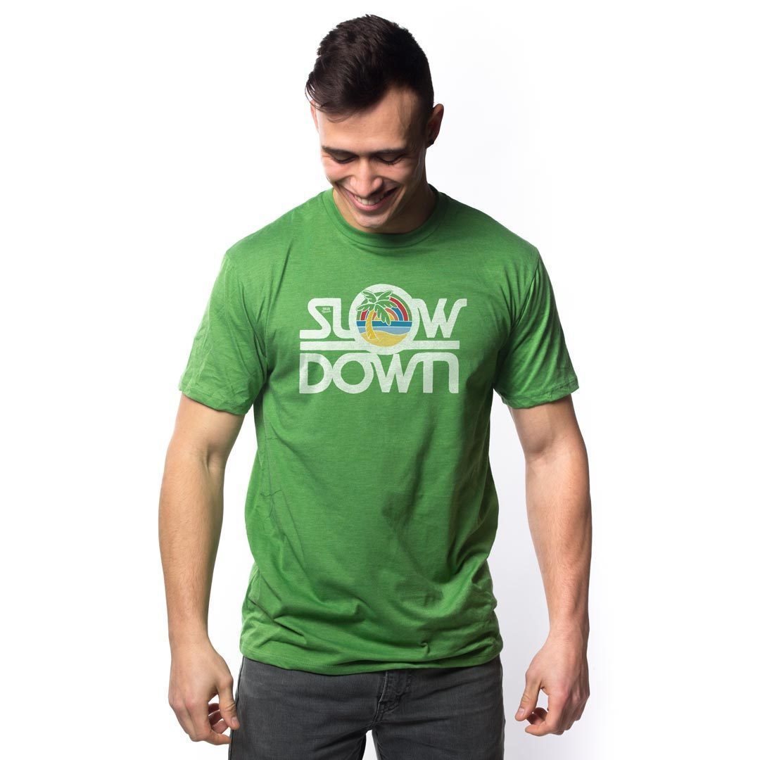 Men's Slow Down Vintage Wholesome Graphic Tee | Retro Beach Getaway T-shirt on Model | SOLID THREADS