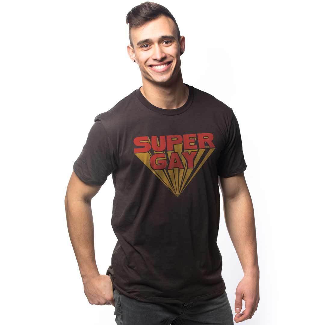 Men's Super Gay Funny Graphic T-Shirt | Vintage LGBTQ Pride Blackwash Tee on Model | Solid Threads