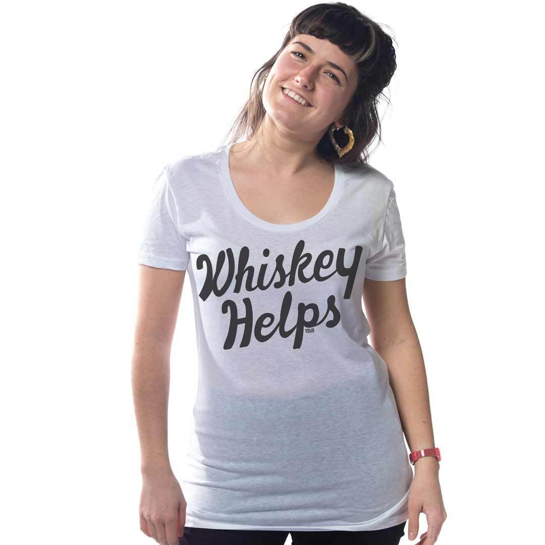 Women's Whiskey Helps Funny Drinking Graphic Tee | Retro Distillery T-shirt on Model | SOLID THREADS