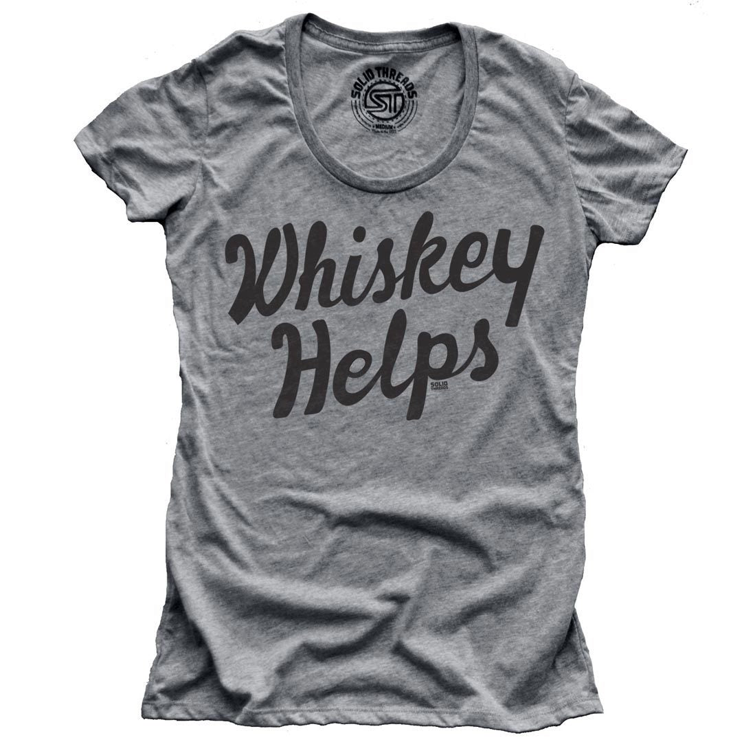 Women&#39;s Whiskey Helps Funny Drinking Graphic Tee | Vintage Distillery Grey T-shirt | SOLID THREADS