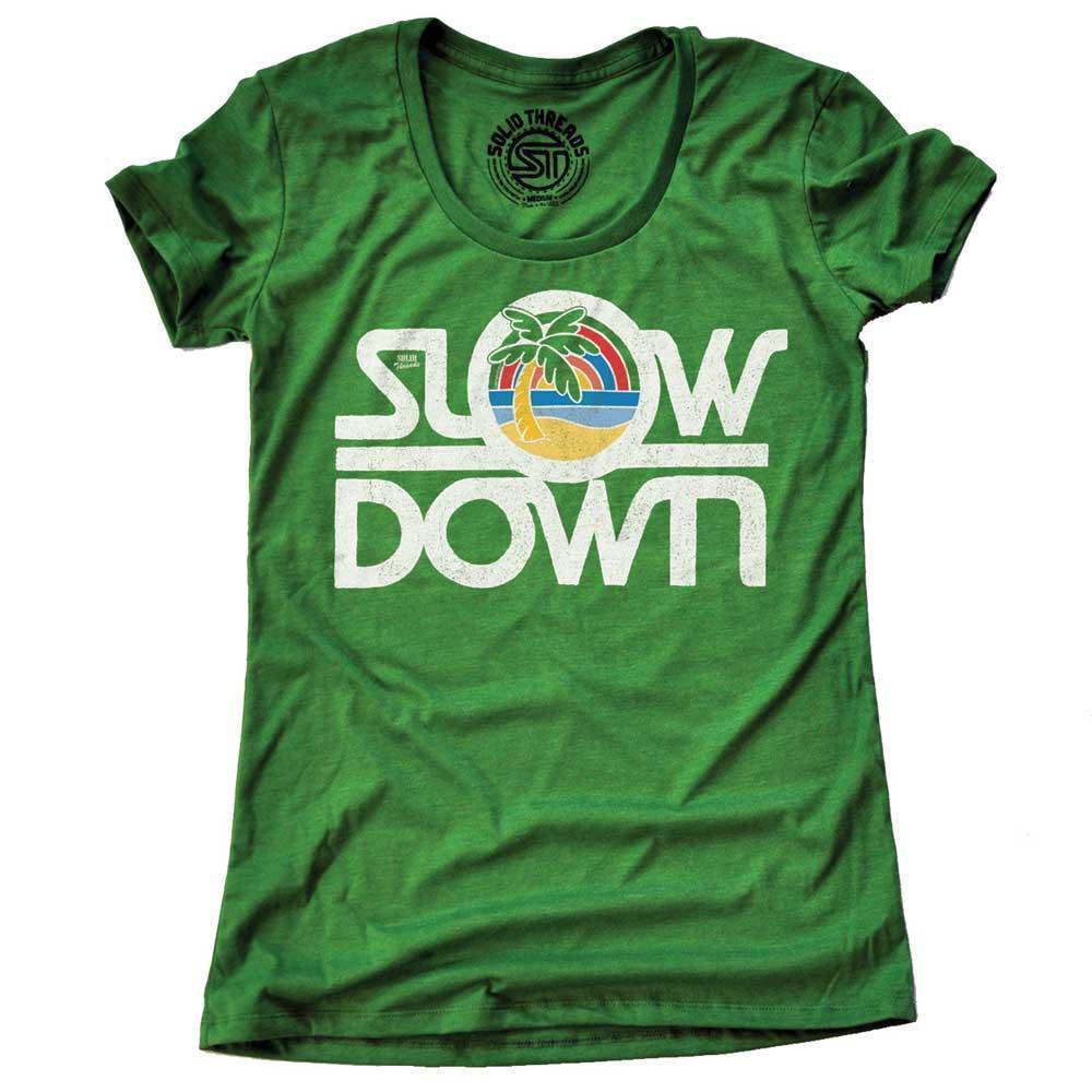 Cute Women&#39;s Slow Down Retro Beach Graphic Tee | Cool Vacation Soft Blend T-shirt | SOLID THREADS
