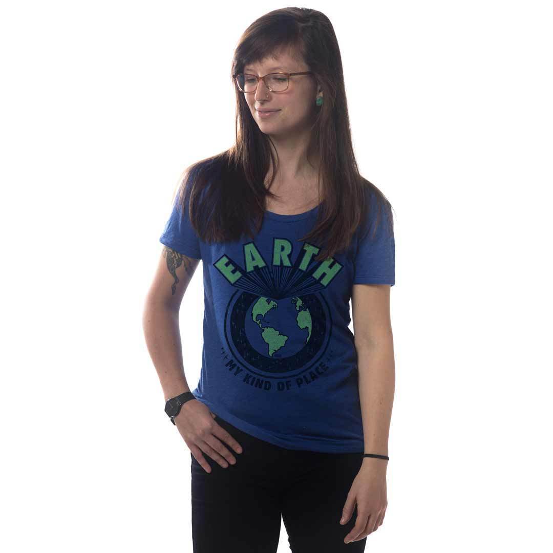 Women's Earth My Kind Of Place Funny Graphic T-Shirt | Vintage Travel Tee on Model | Solid Threads