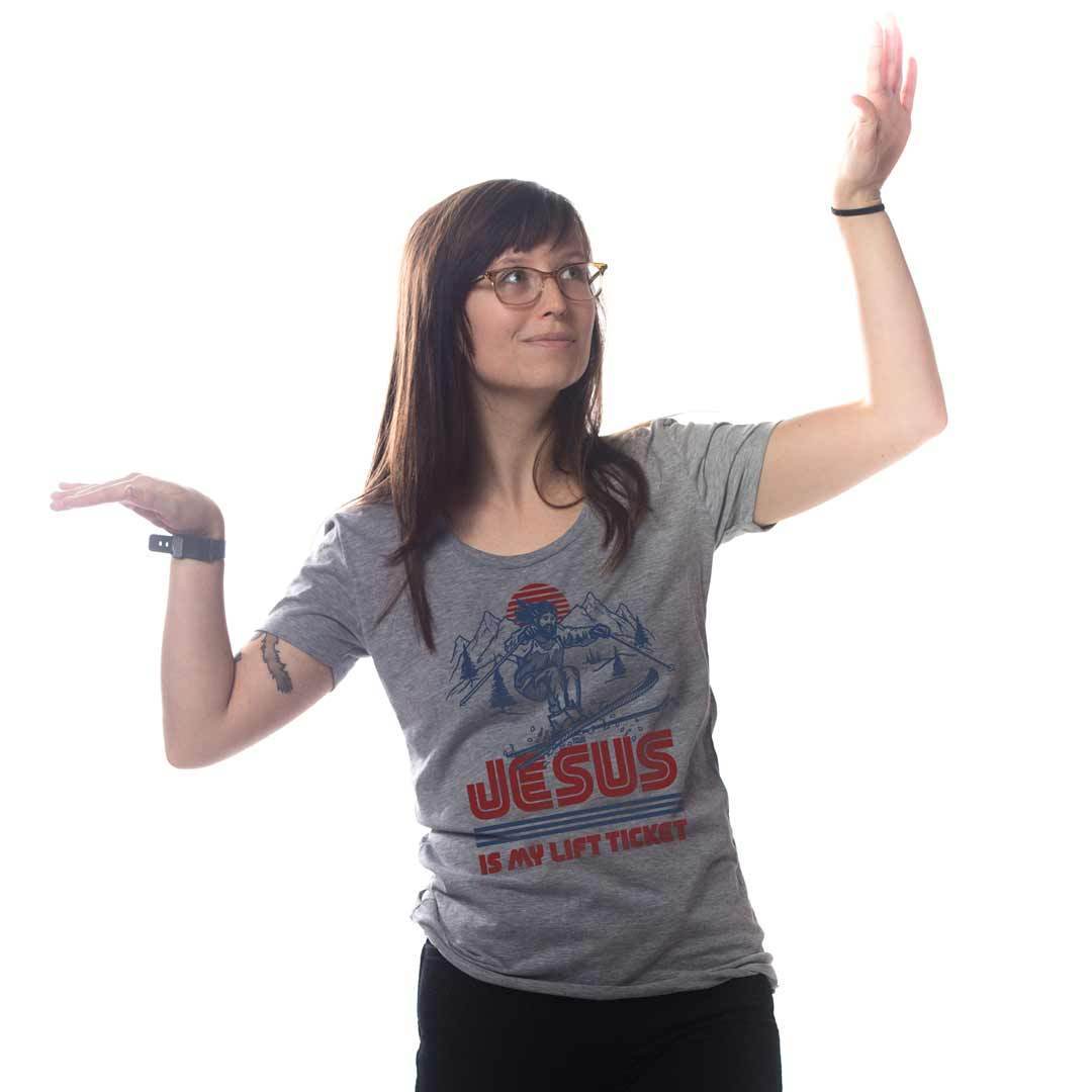 Women's Jesus is My Lift Ticket Funny Graphic Tee | Vintage Skiing T-shirt on Model | SOLID THREADS