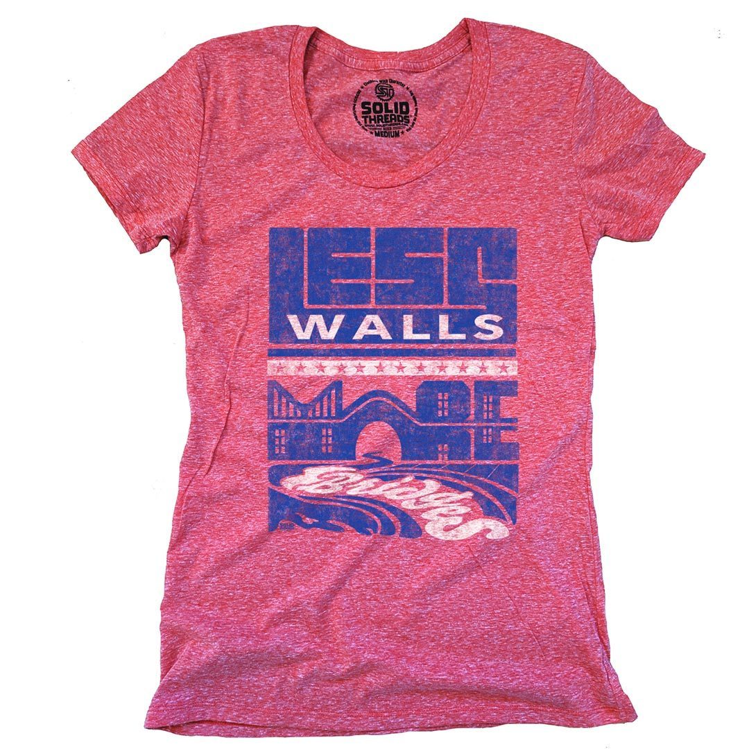 Women&#39;s Less Walls More Bridges Cool Graphic T-Shirt | Retro Refugee Advocacy Tee | Solid Threads