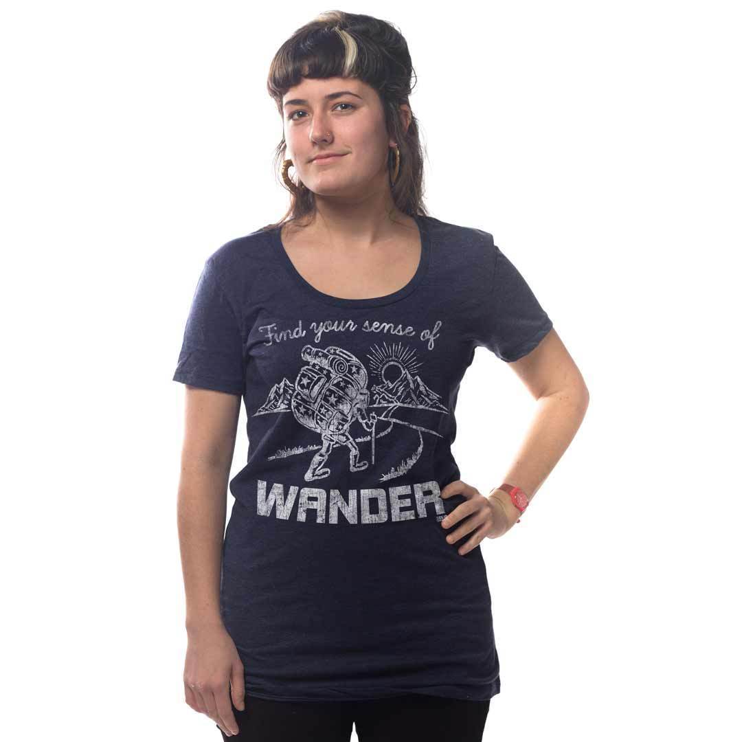 Women's Find Your Sense Of Wander Cool Graphic T-Shirt | Vintage Travel Tee on Model | Solid Threads