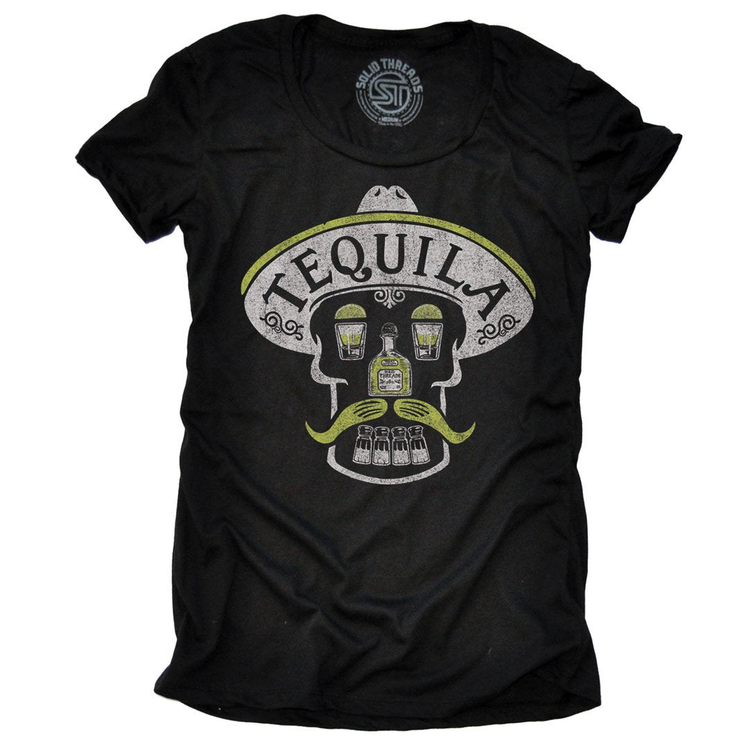 Women&#39;s Tequila Skull Vintage Drinking Graphic Tee | Cool Taking Shots Party T-Shirt | SOLID THREADS