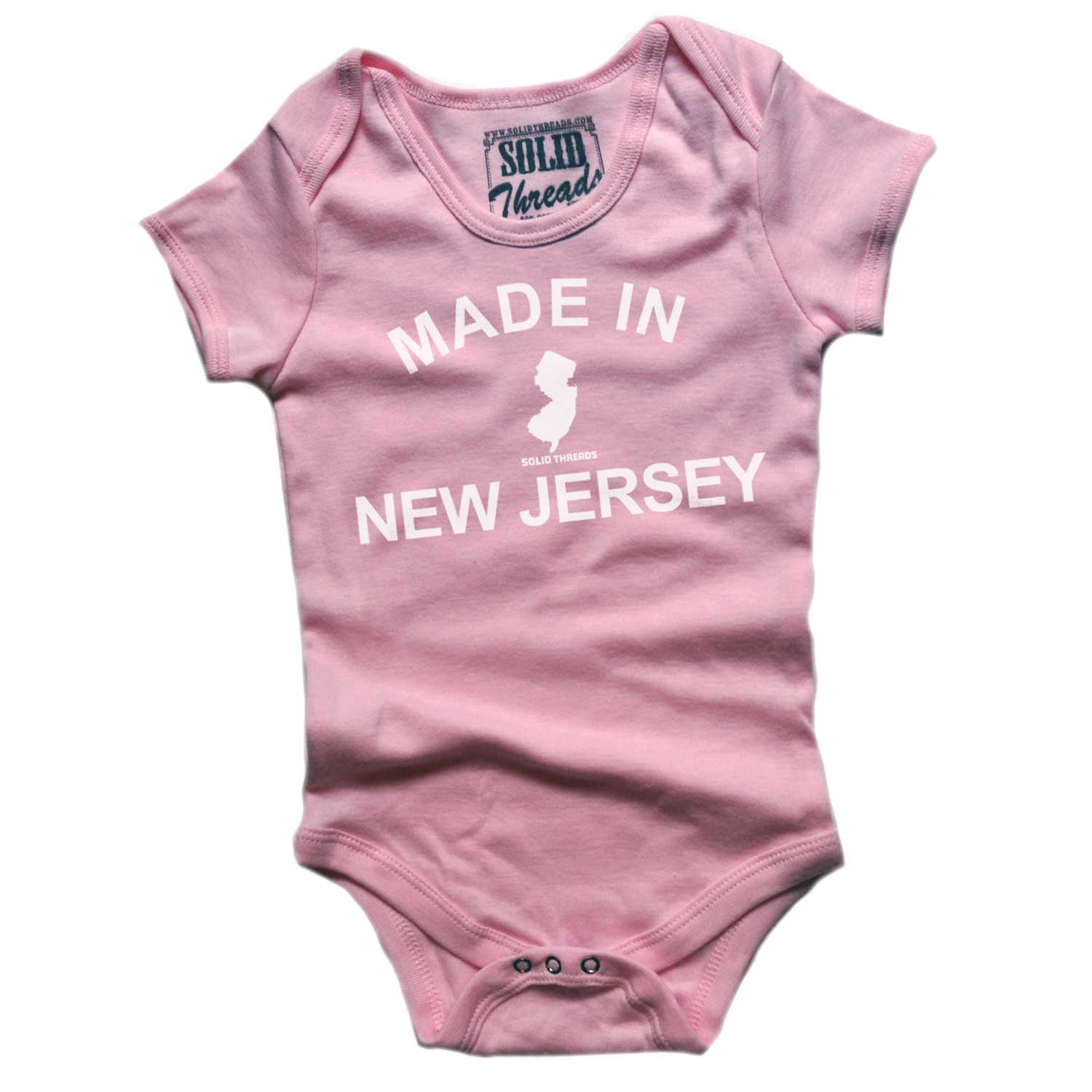 Baby Made In New Jersey Cool Graphic One Piece | Retro Garden State Pink Romper | Solid Threads