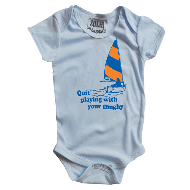 Baby Playing With Dinghy Retro Graphic One Piece | Funny Sailing Baby Blue Romper | SOLID THREADS