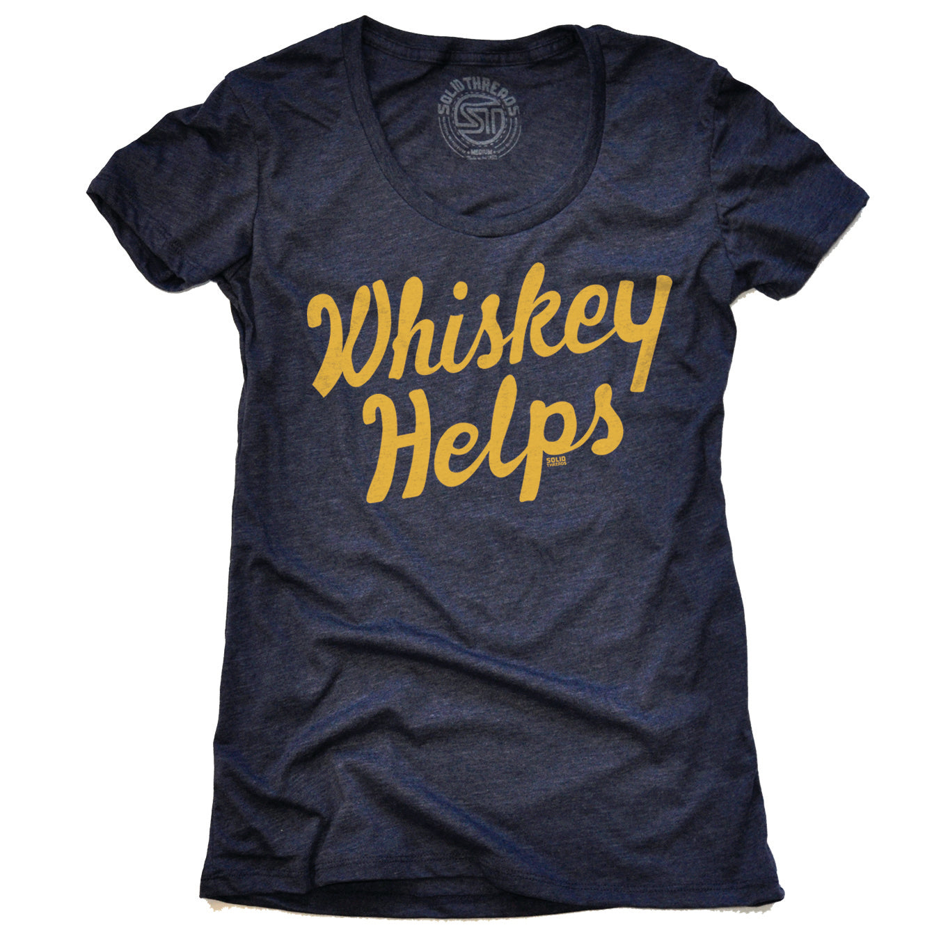 Women's Whiskey Helps Funny Drinking Graphic Tee | Vintage Distillery Navy T-shirt | SOLID THREADS