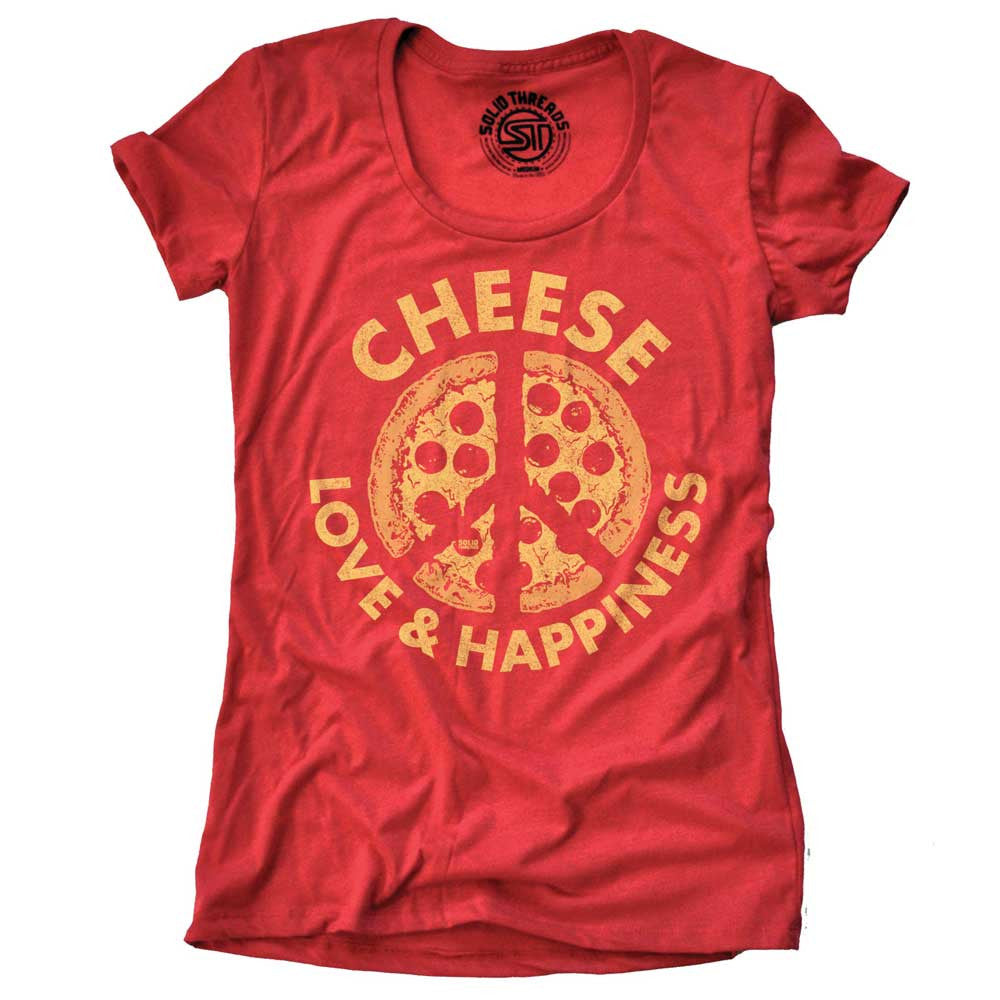 Women&#39;s Cheese, Love &amp; Happiness Retro Pizza Graphic Tee | Funny Foodie T-shirt | SOLID THREADS
