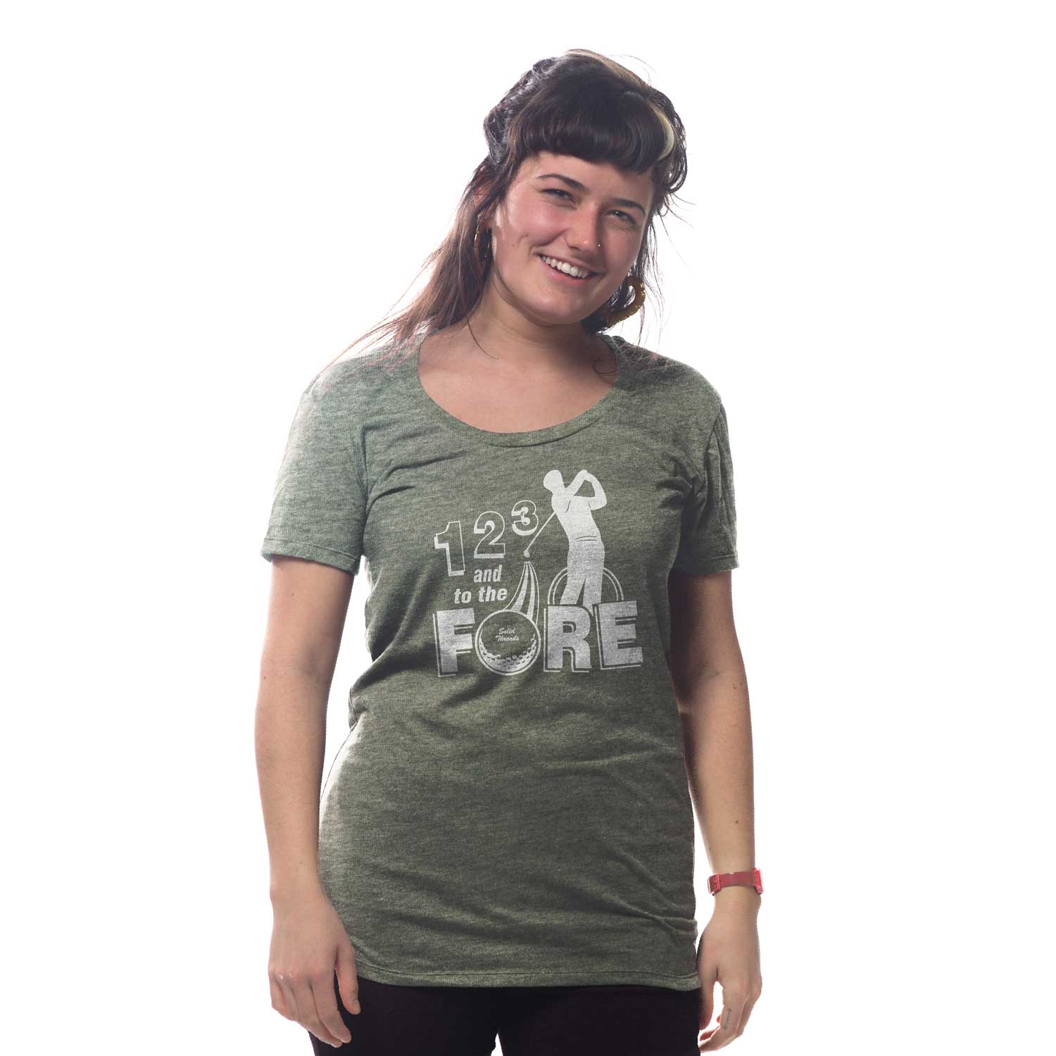 Women's 1, 2, 3, Fore Retro Sports Graphic T-Shirt | Funny Golf Course Tee on Model | Solid Threads