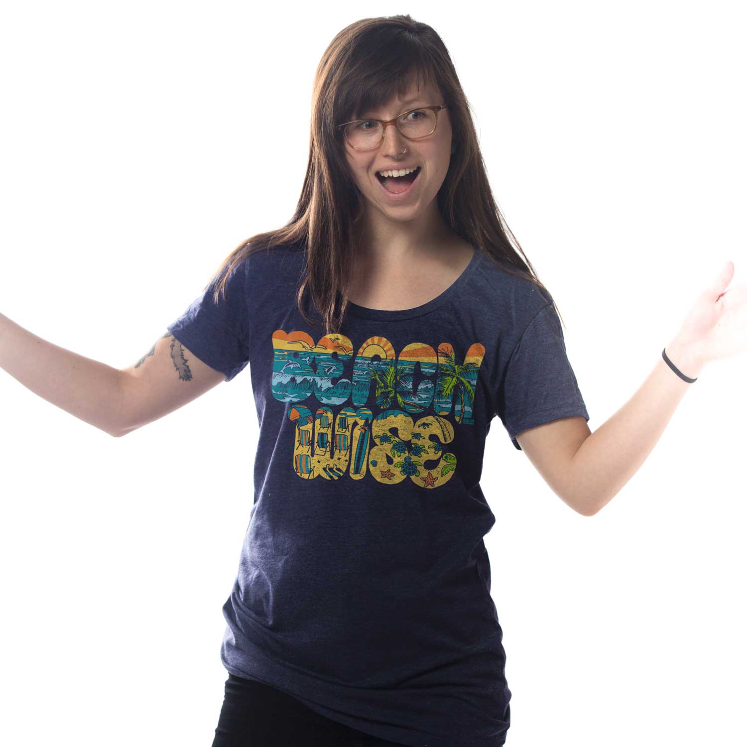 Women's Beach Wise Cool Ocean Life Graphic T-Shirt | Vintage Surfing Tee on Model | Solid Threads