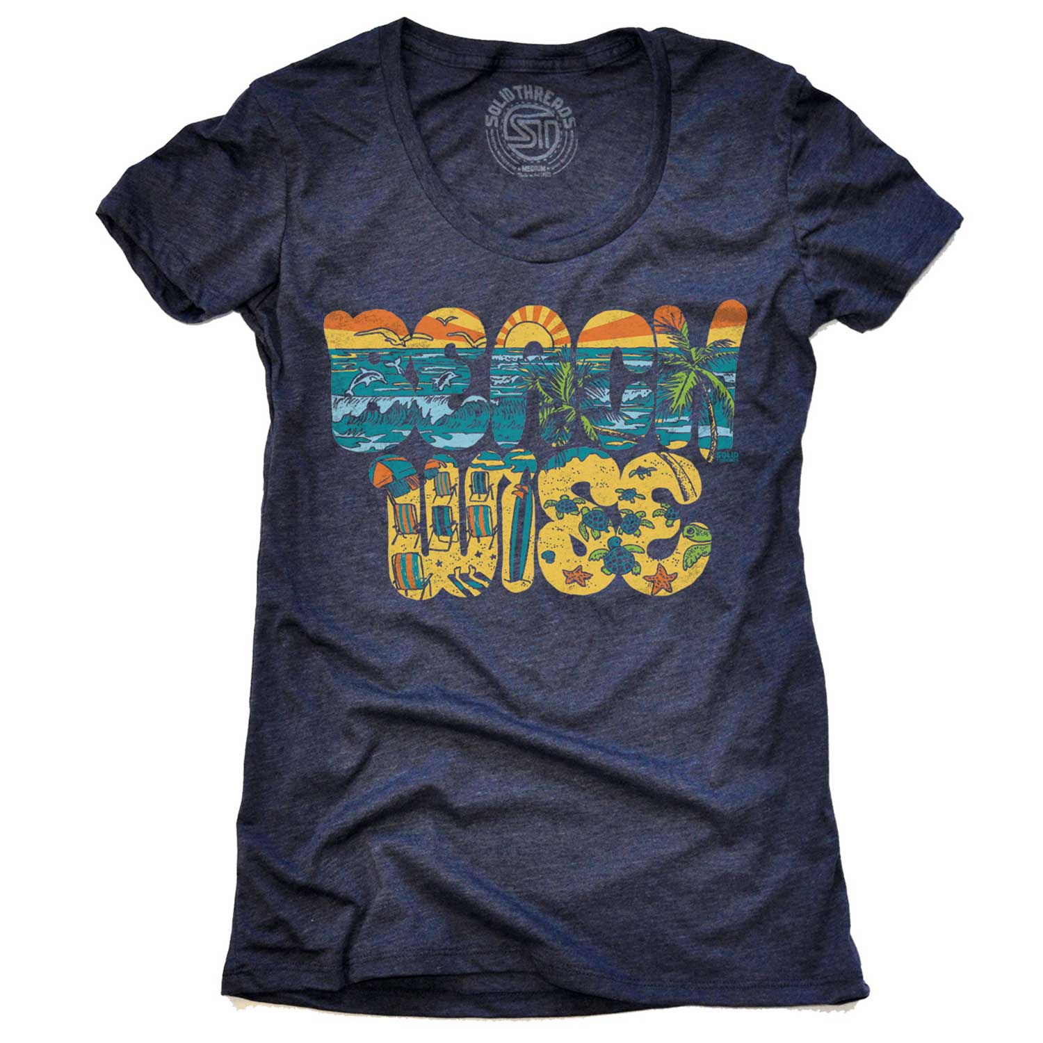 Women's Beach Wise Cool Ocean Life Graphic T-Shirt | Vintage Surfing Tee | Solid Threads