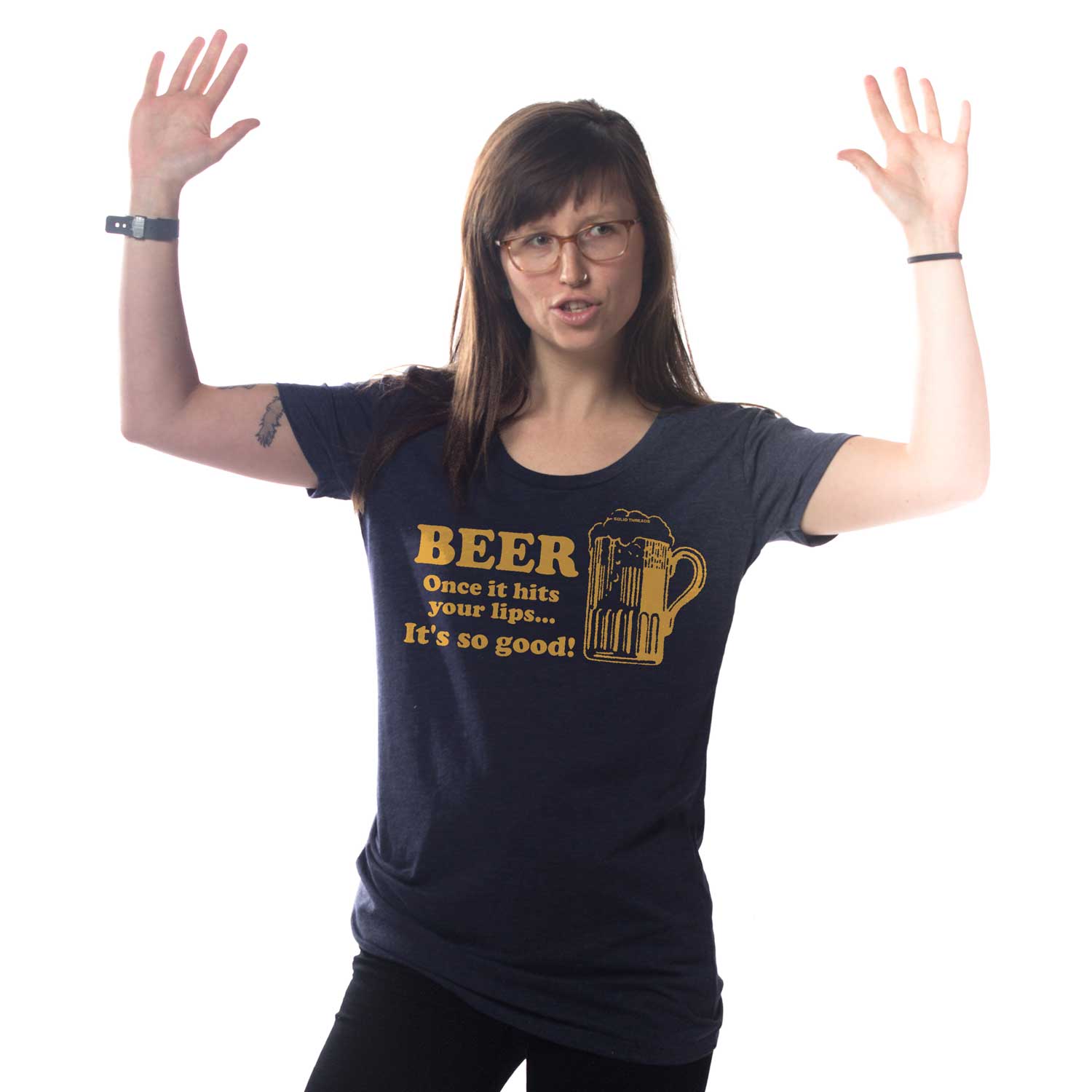 Women's Beer Hits Your Lips Vintage Graphic T-Shirt | Funny Drinking Tee on Model | Solid Threads